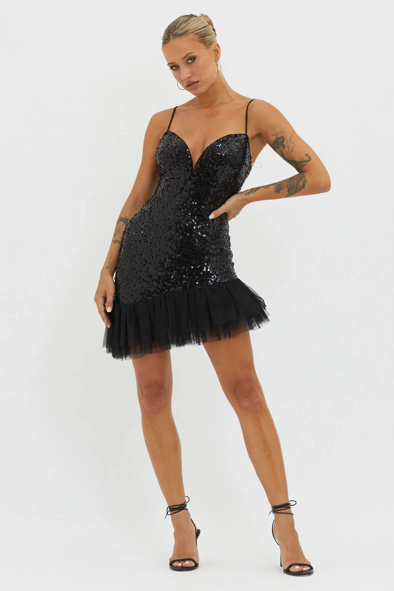 Sassafras Tulle Hem Sequin Mini Dress Black