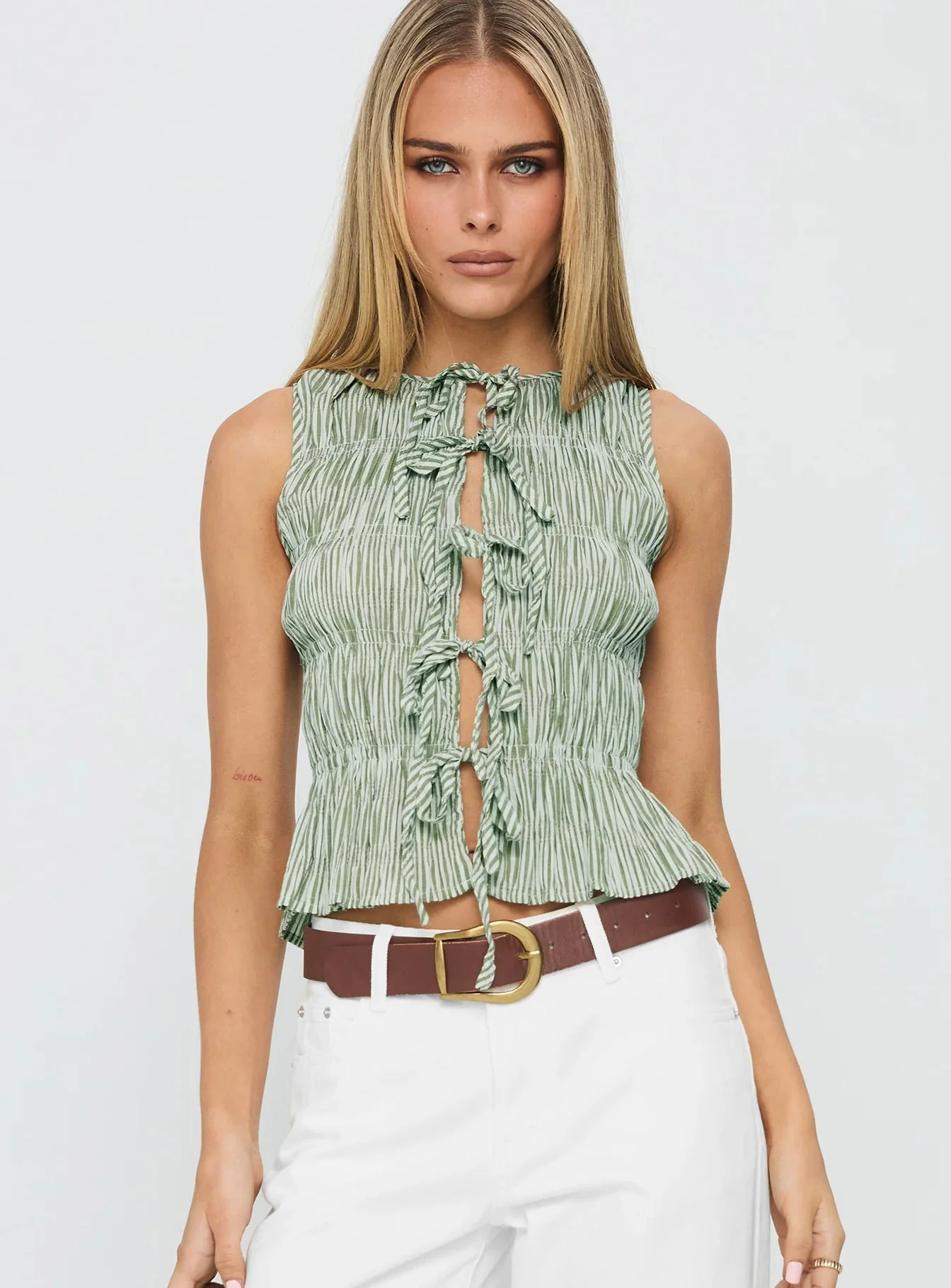 Apero Shirred Tie Front Top Green / White Stripe