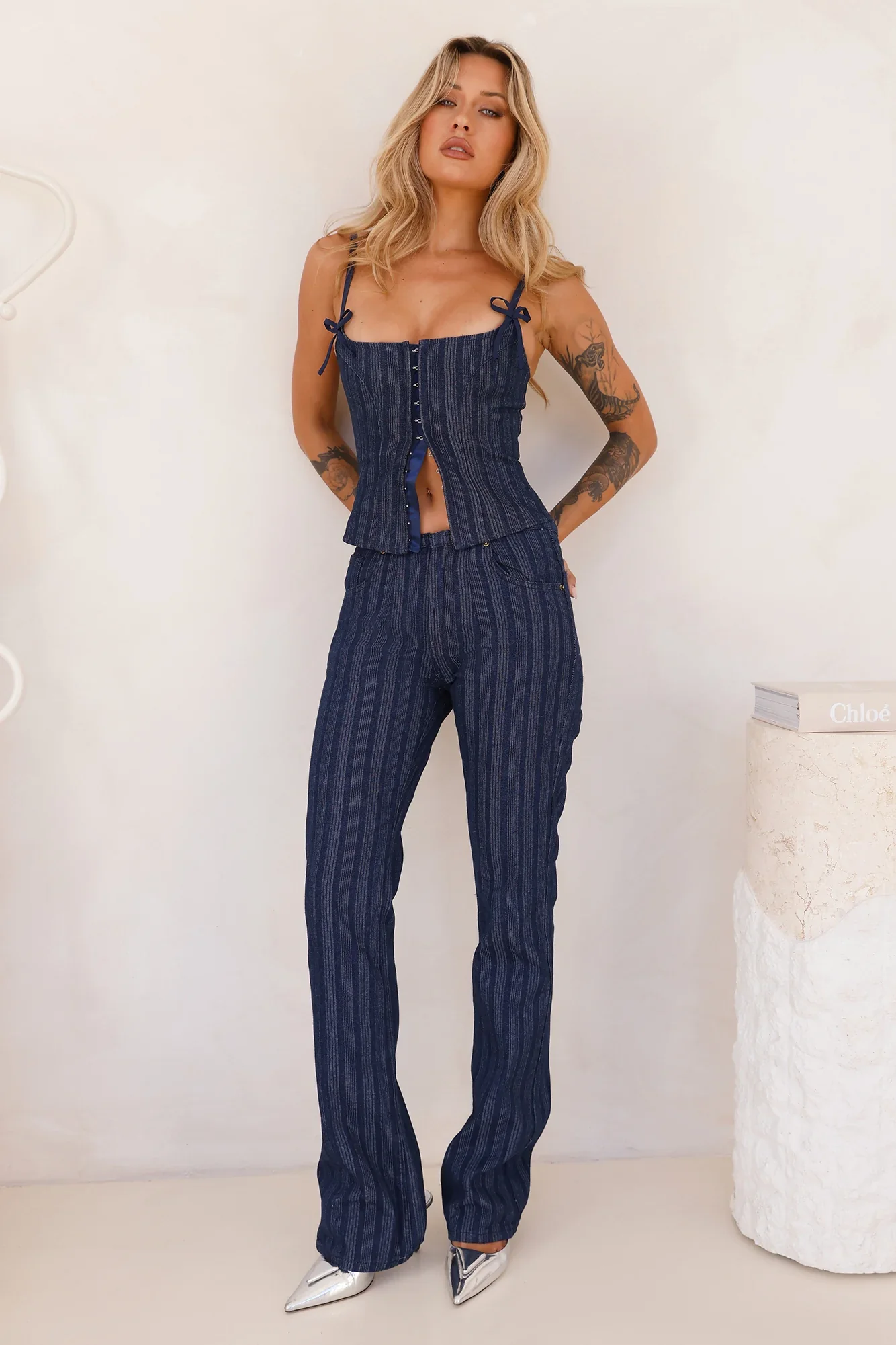 LIONESS Charismatic Denim Corset Dark Pinstripe
