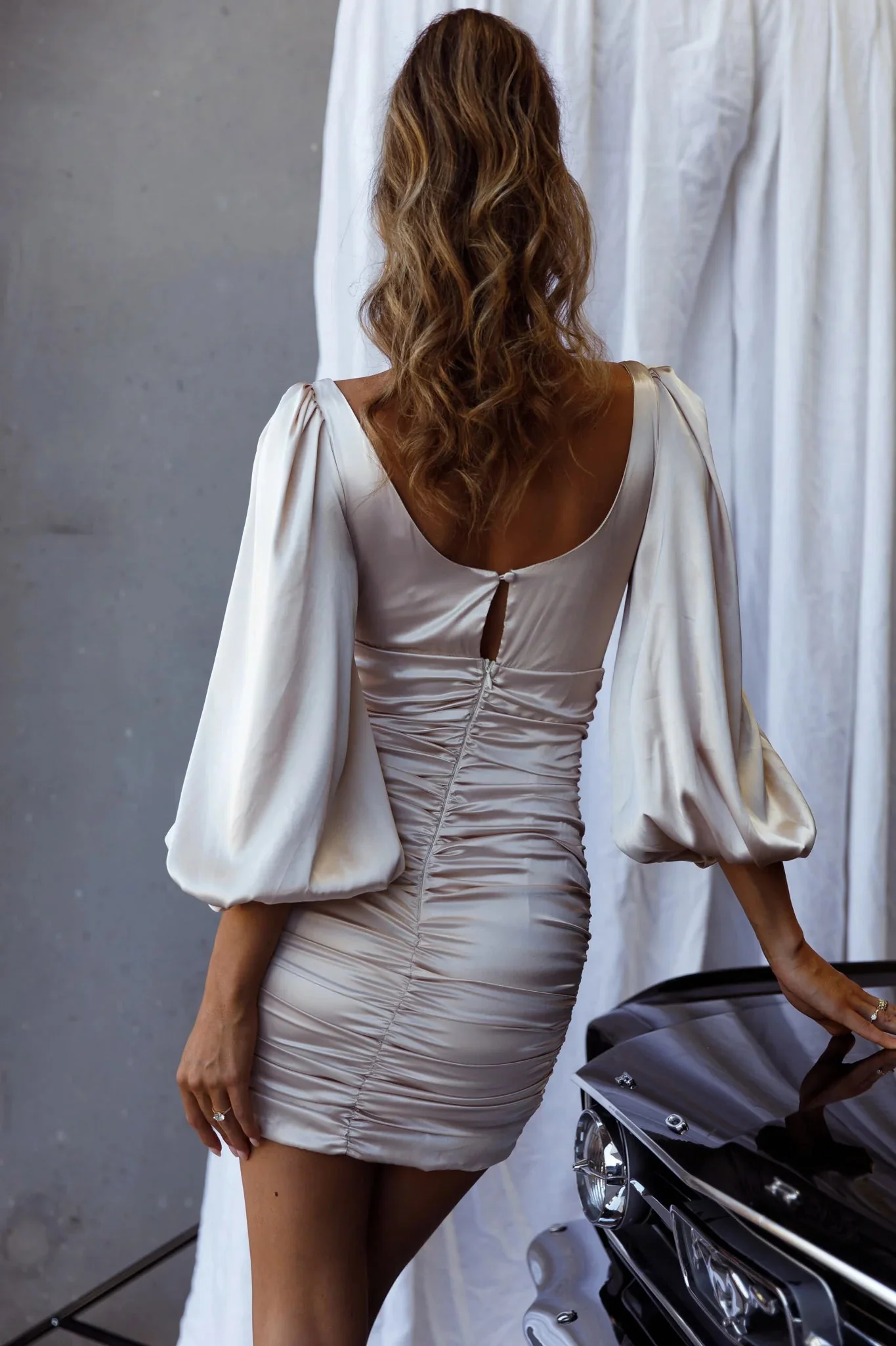 Vista Hermosa Ruched Balloon Sleeve Dress Champagne