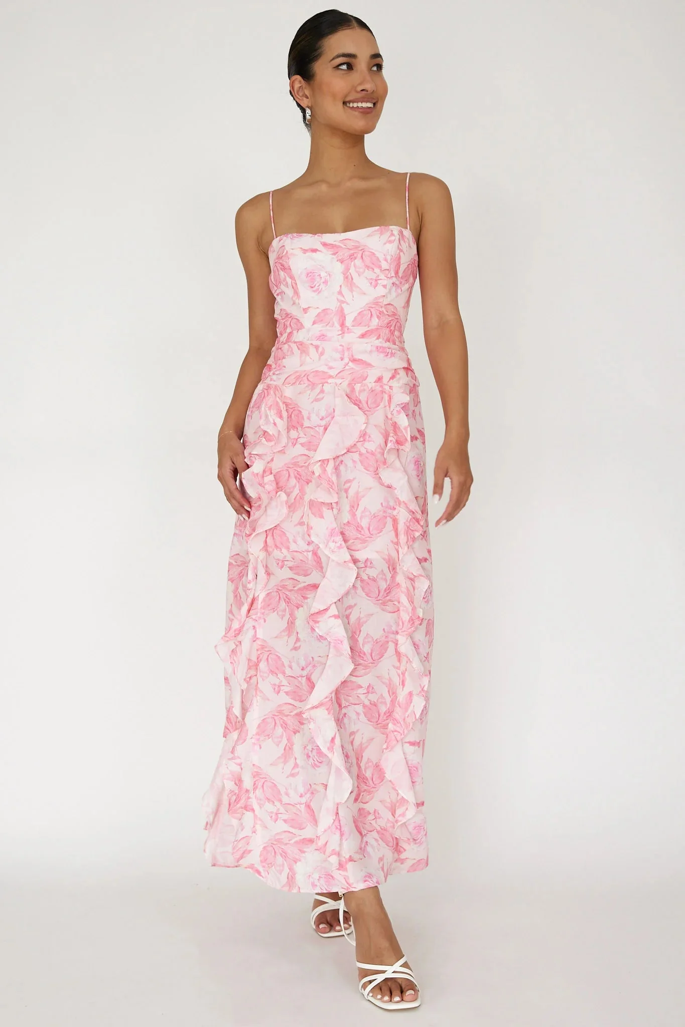 Serif Ruffle Trim Split Maxi Dress Pink