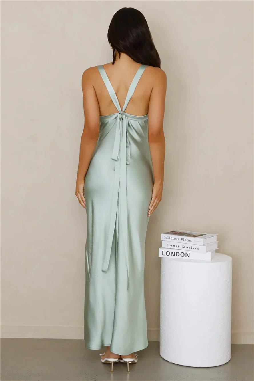 High Class Wedding Satin Maxi Dress Sage