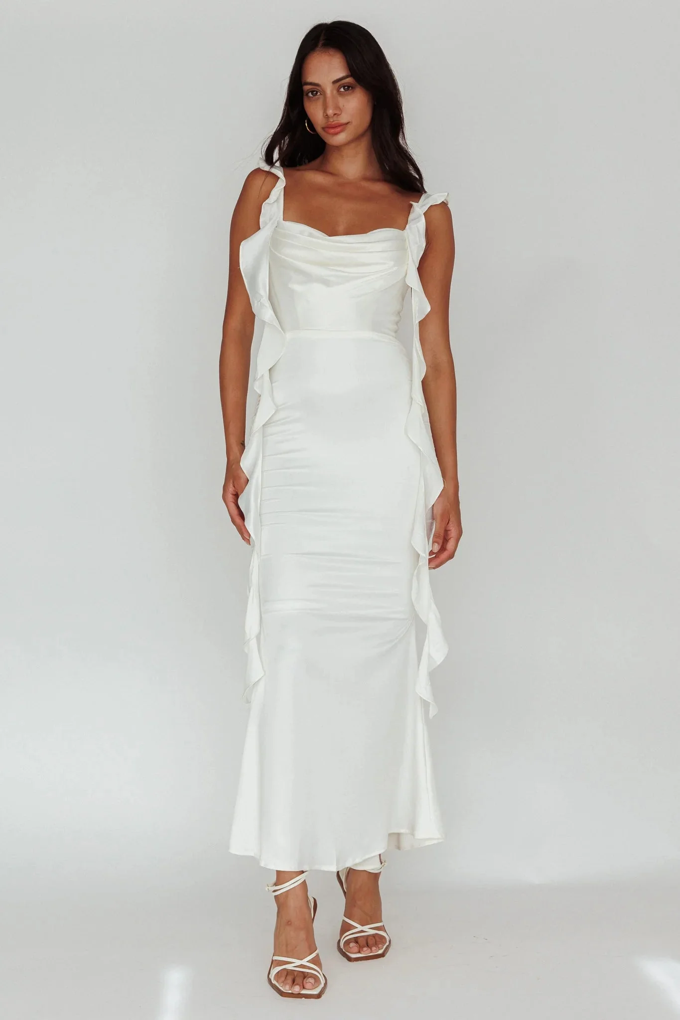 Blushing Ruffle Trim Midi Dress Oyster