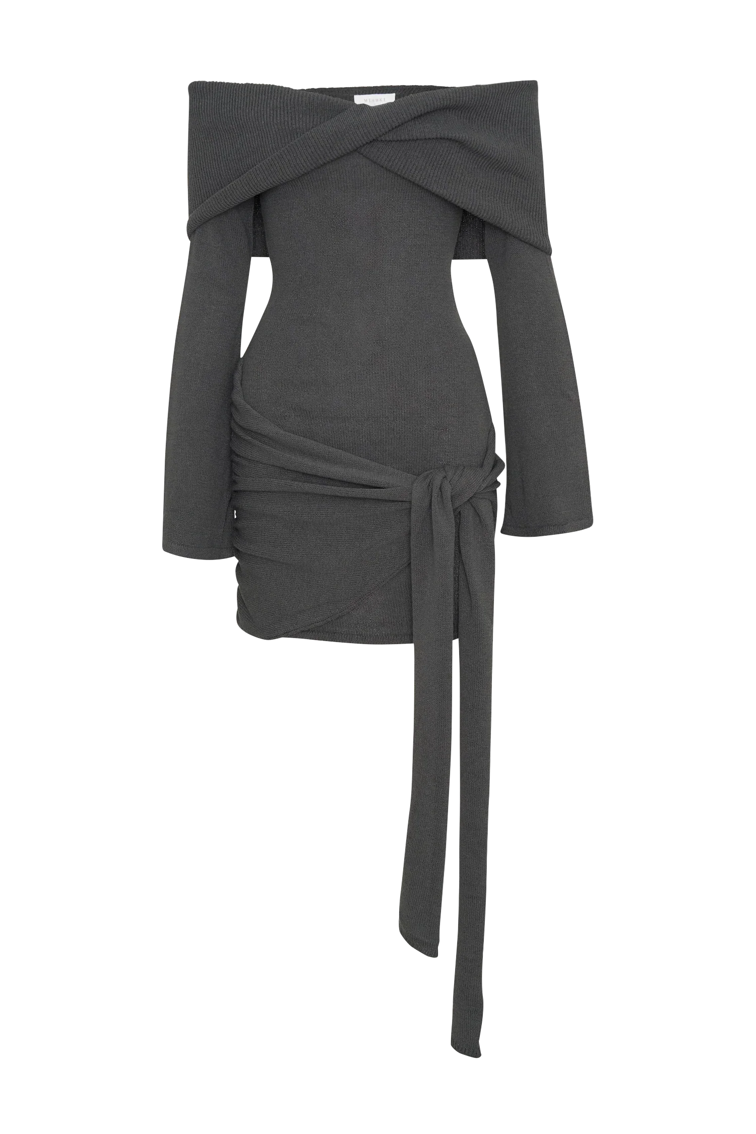 Camryn Off Shoulder Tie Knit Mini Dress - Charcoal