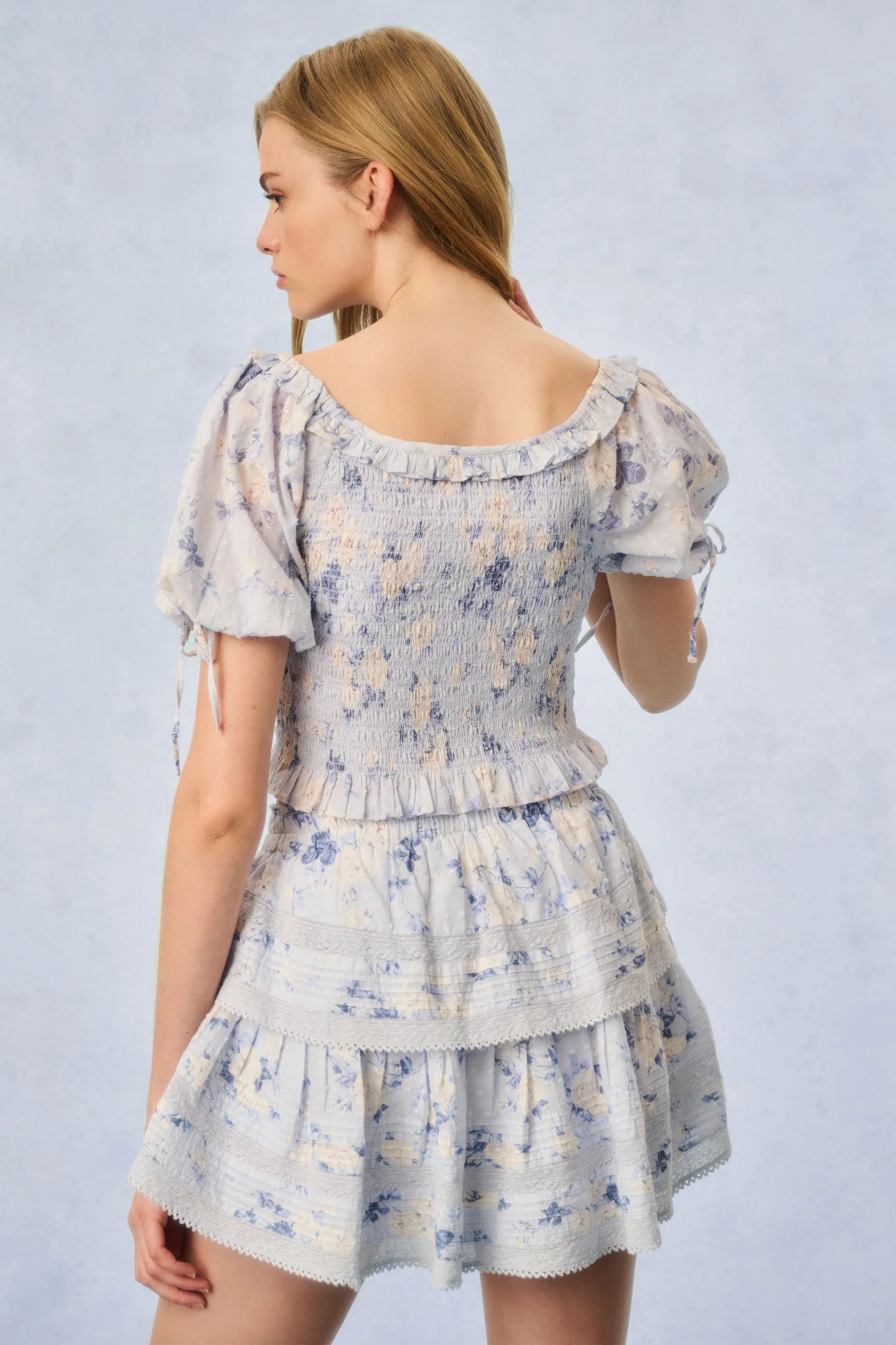 Ruffle Mini Signature Fragrance Print Skirt - WHISPER BLUE