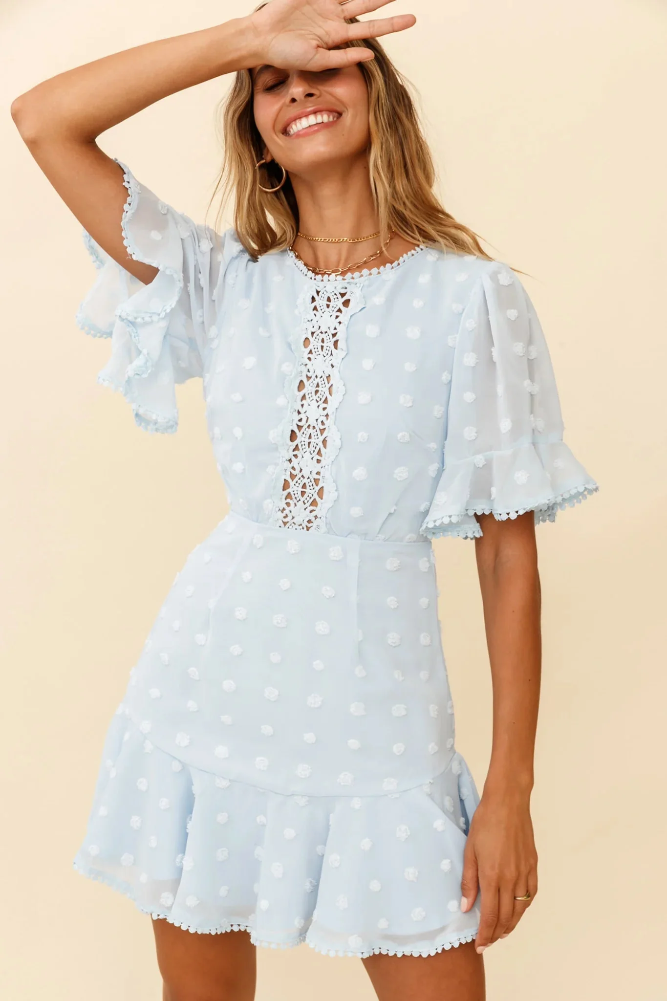 Afternoon Delight Crochet Bust Accent Open Back Dress Baby Blue