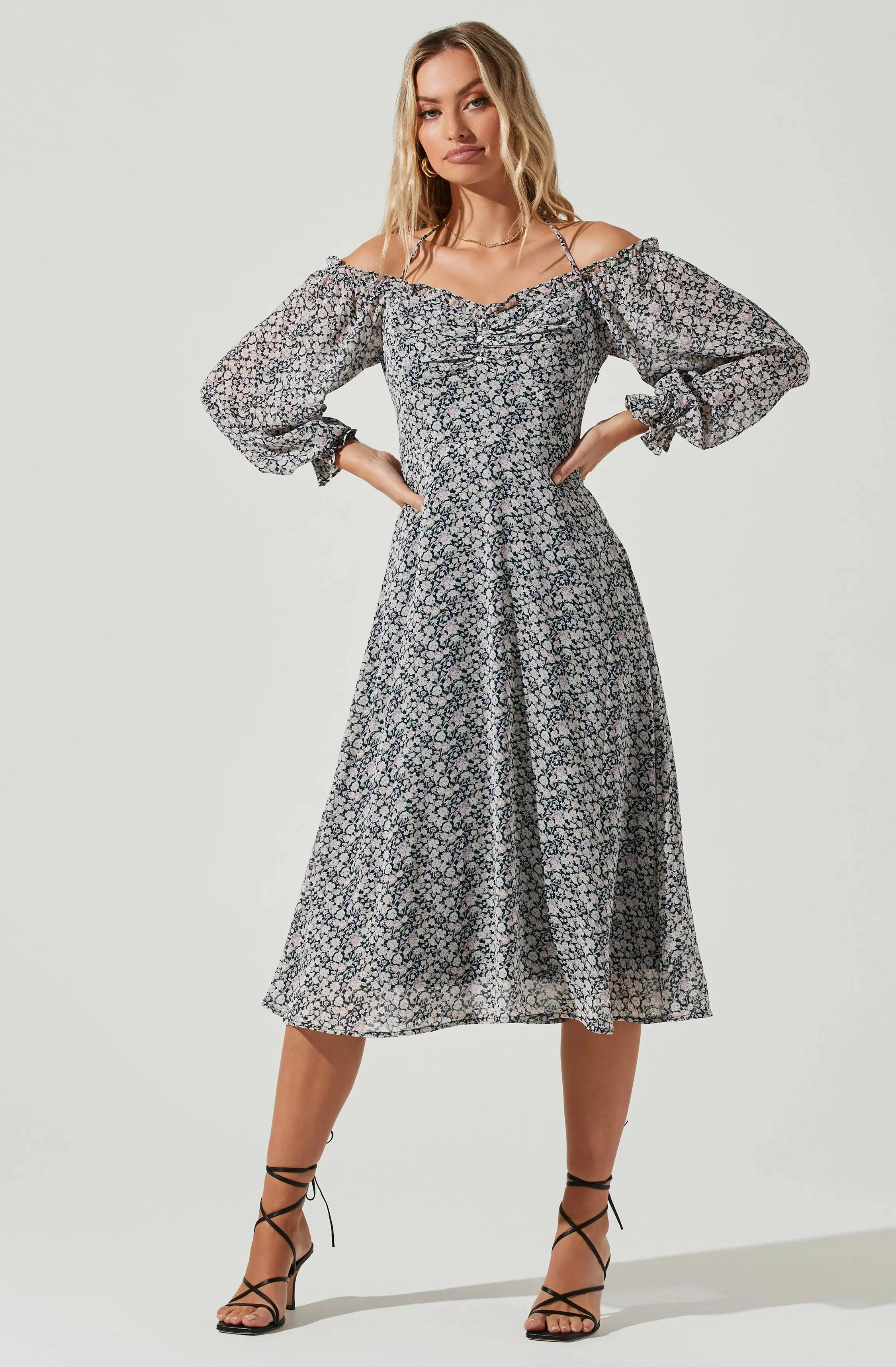 Off Shoulder Long Sleeve Cinched Bust Midi Dress