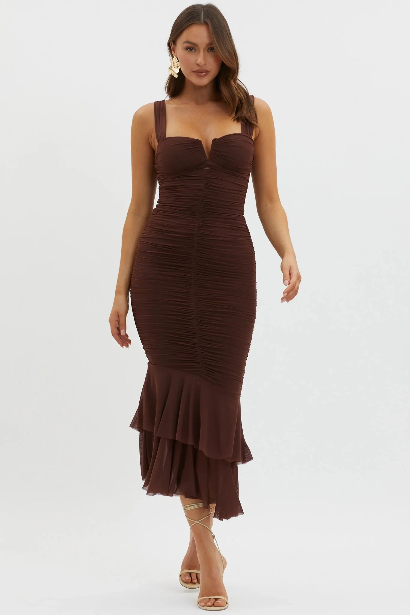 Nadia Ruched Fishtail Maxi Dress Chocolate