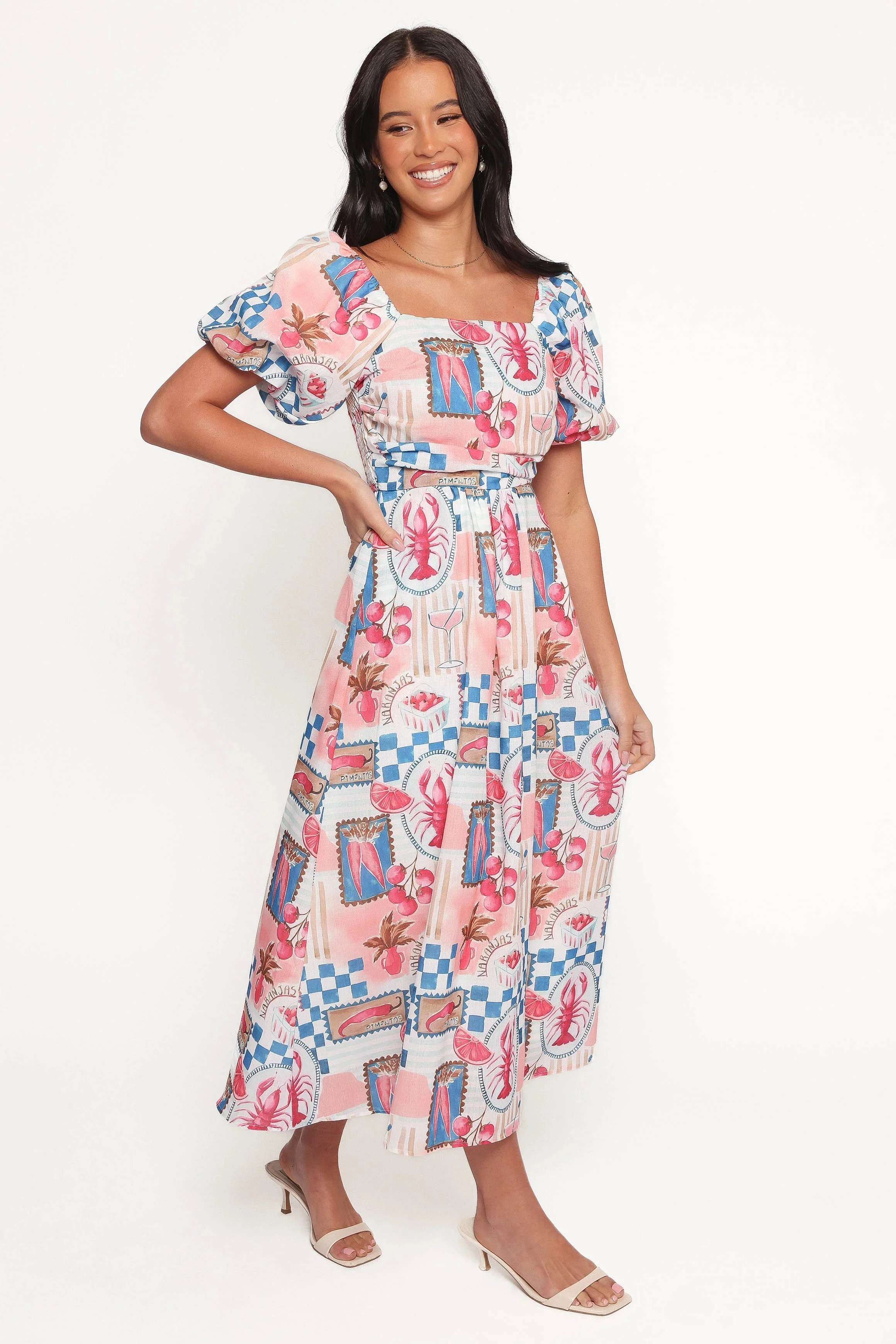 Clo Puff Sleeve Midi Dress - Pink Blue