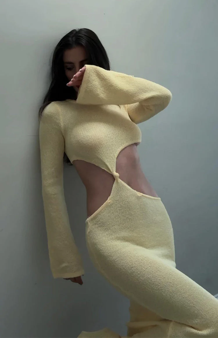 Arya Yellow Long Sleeve Knit Maxi Dress