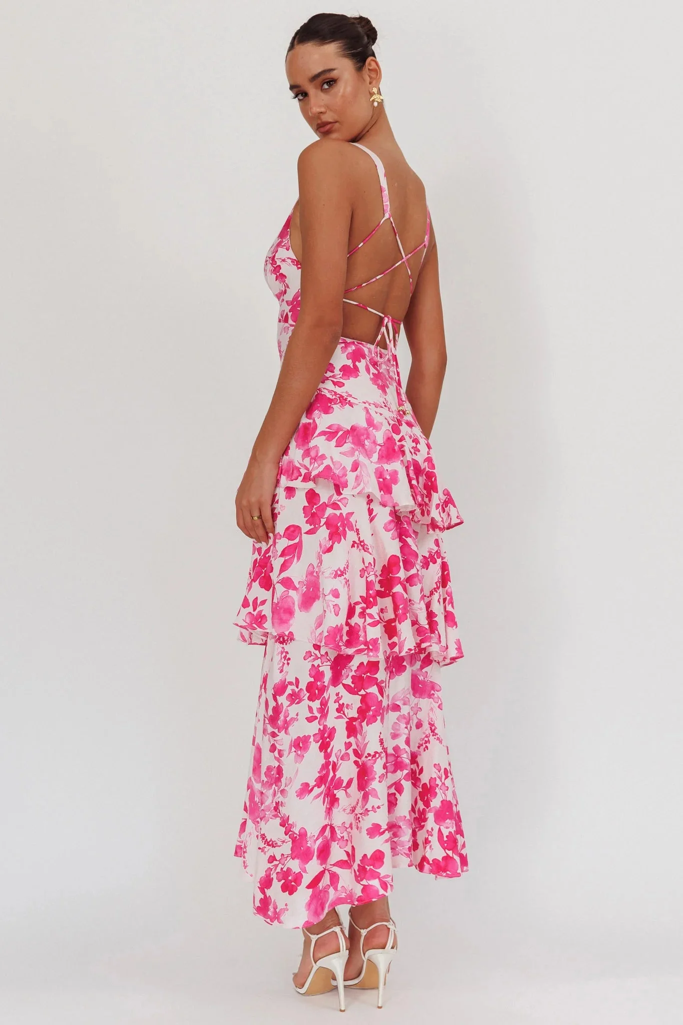 Veda Strappy Back Ruffle Maxi Dress Floral Fuchsia