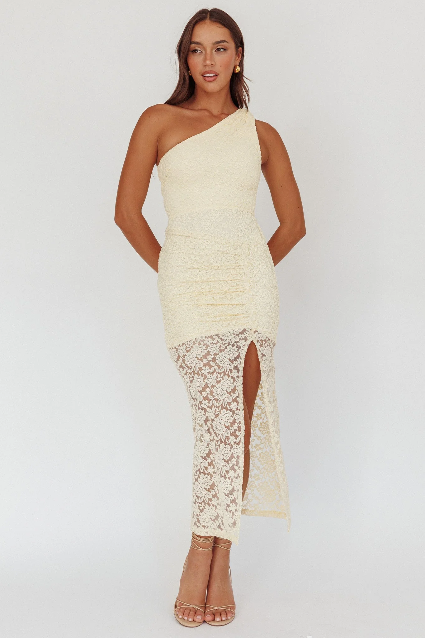Lingering Love One-Shoulder Split Midi Dress Lace Yellow