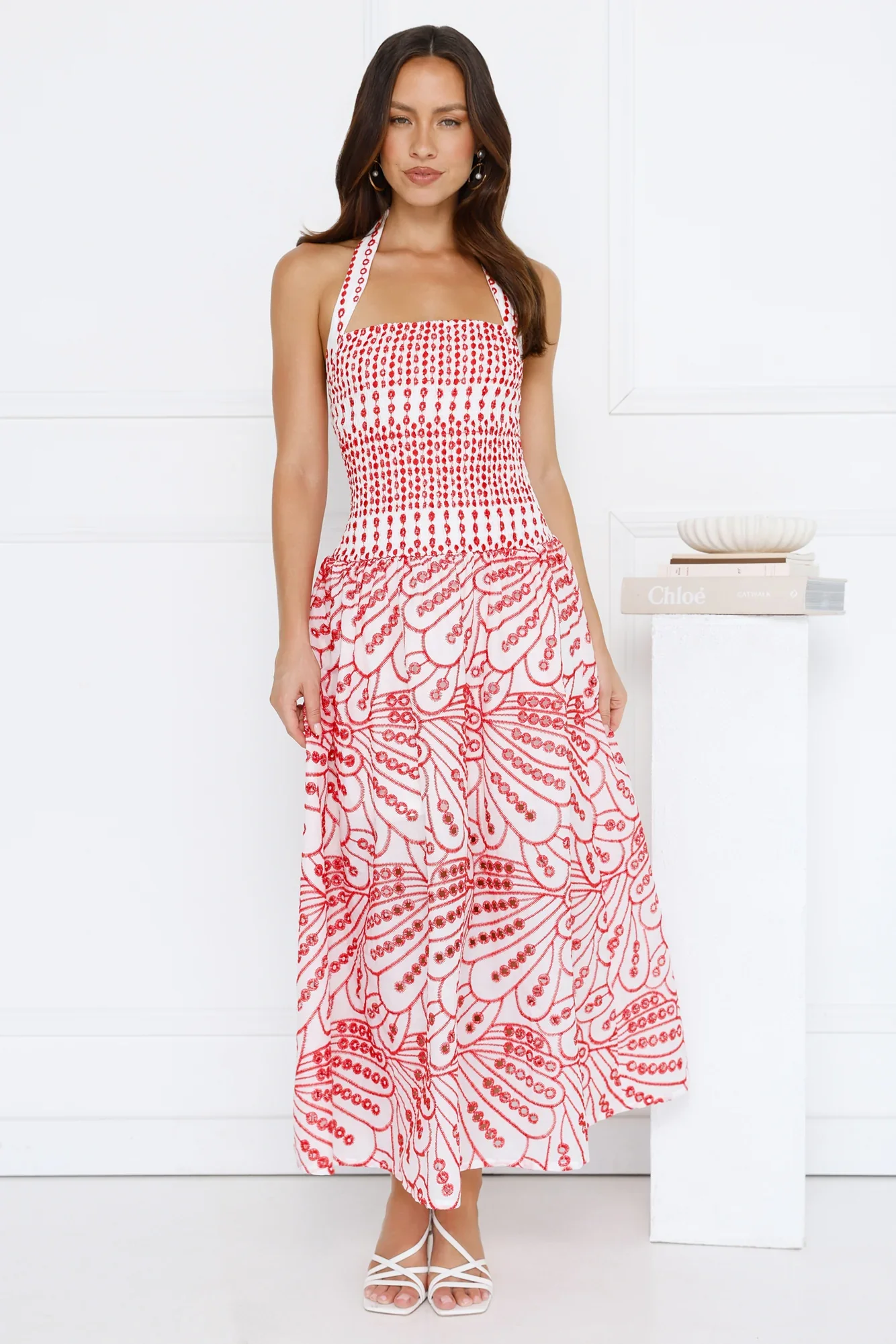 Leona Halter Embroidered Maxi Dress Red
