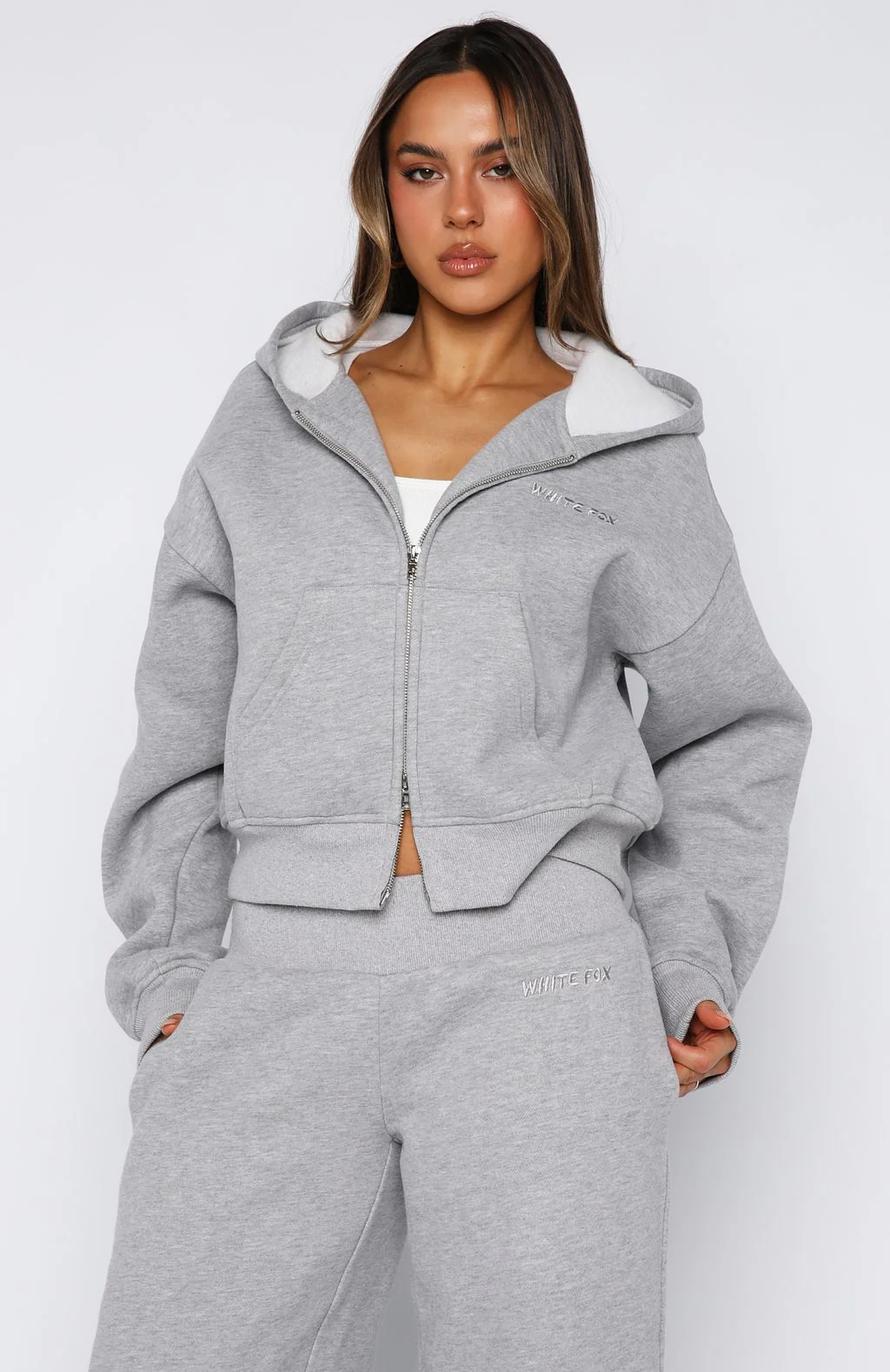 Come A Long Way Boxy Zip Front Hoodie Grey Marle