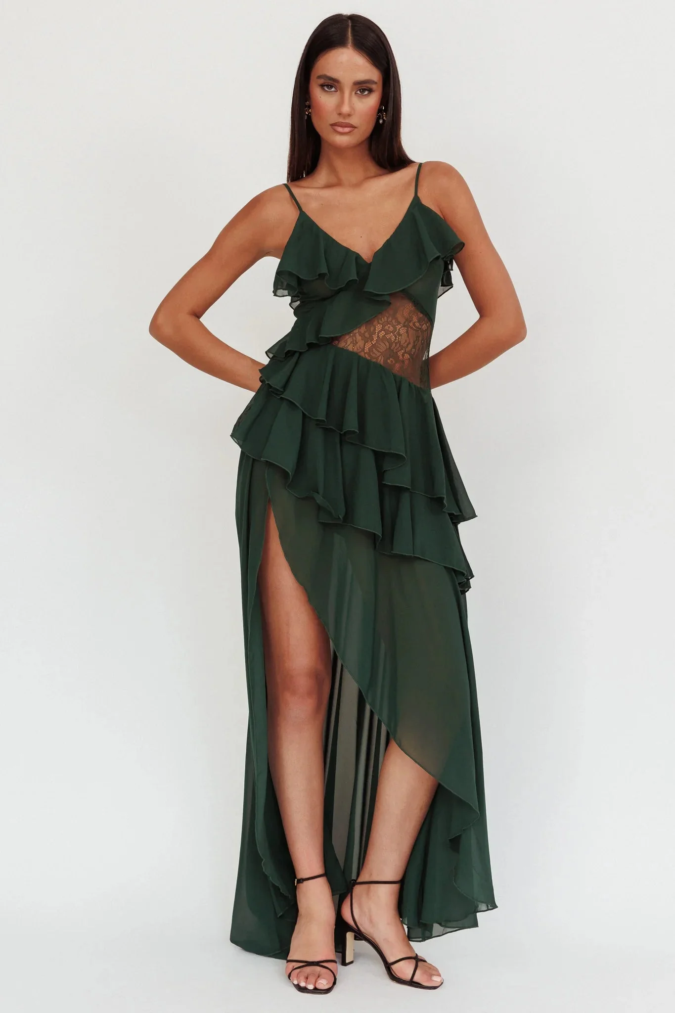 Amaretto Lace Waist Ruffle Maxi Dress Hunter Green