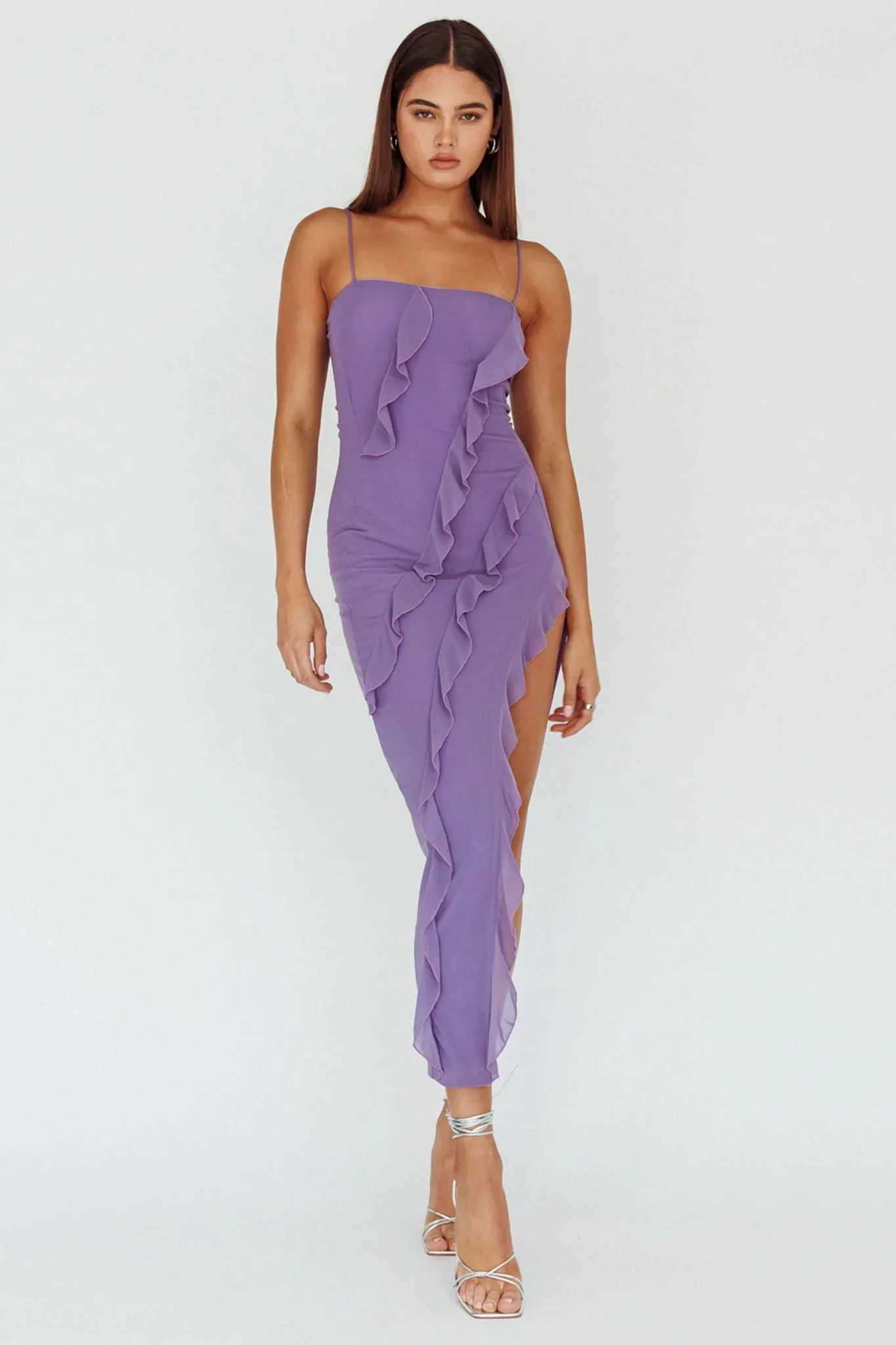 Catriona Split Ruffle Midi Dress Mauve