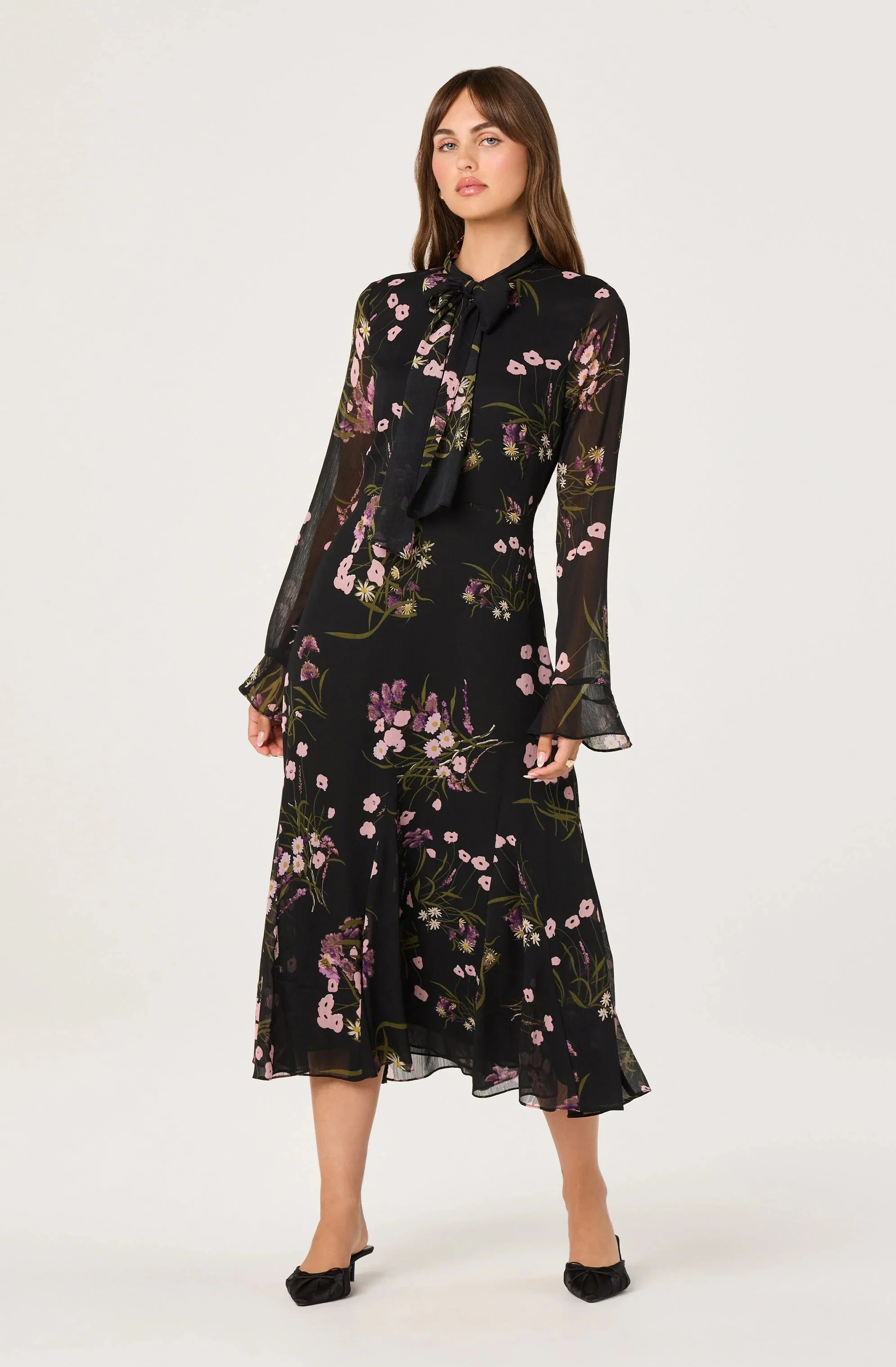 Tie-Neck Ruffled Midi Dress