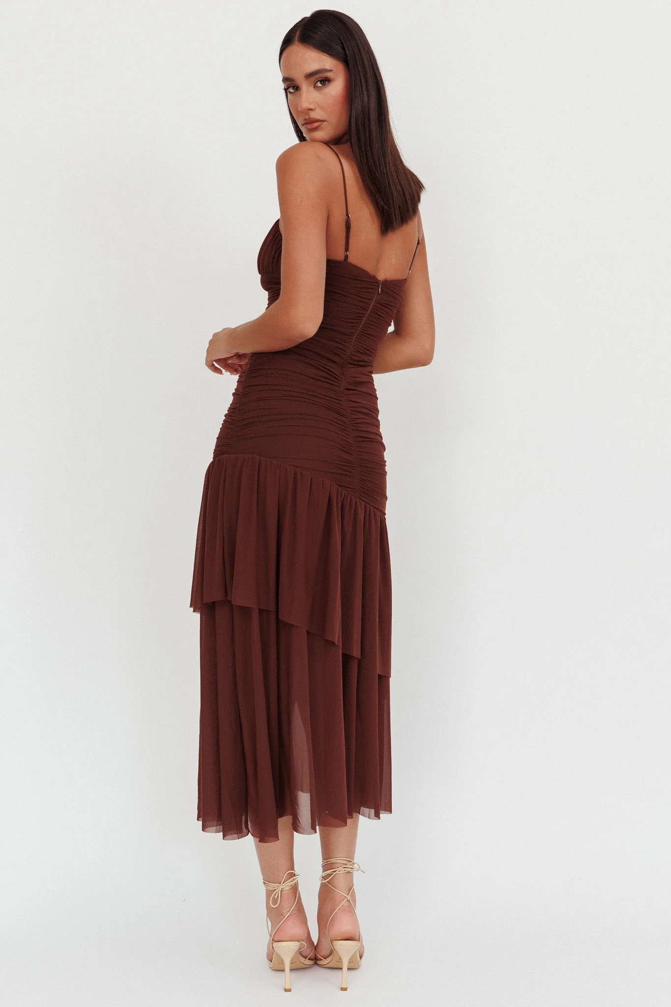 Kailua Ruched Tiered Hem Maxi Dress Chocolate