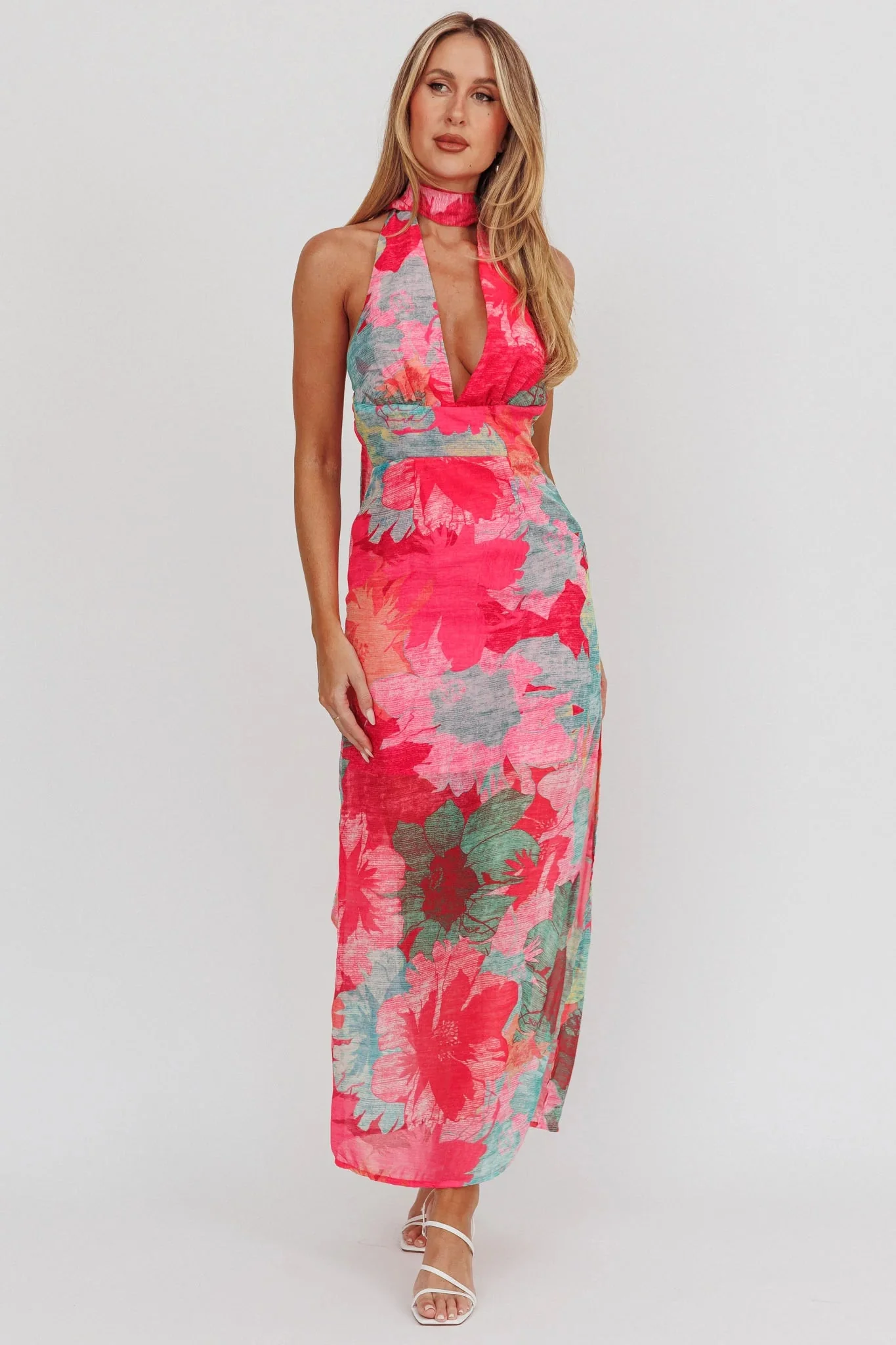 Cipriana Backless Halter Maxi Dress Floral Fuchsia