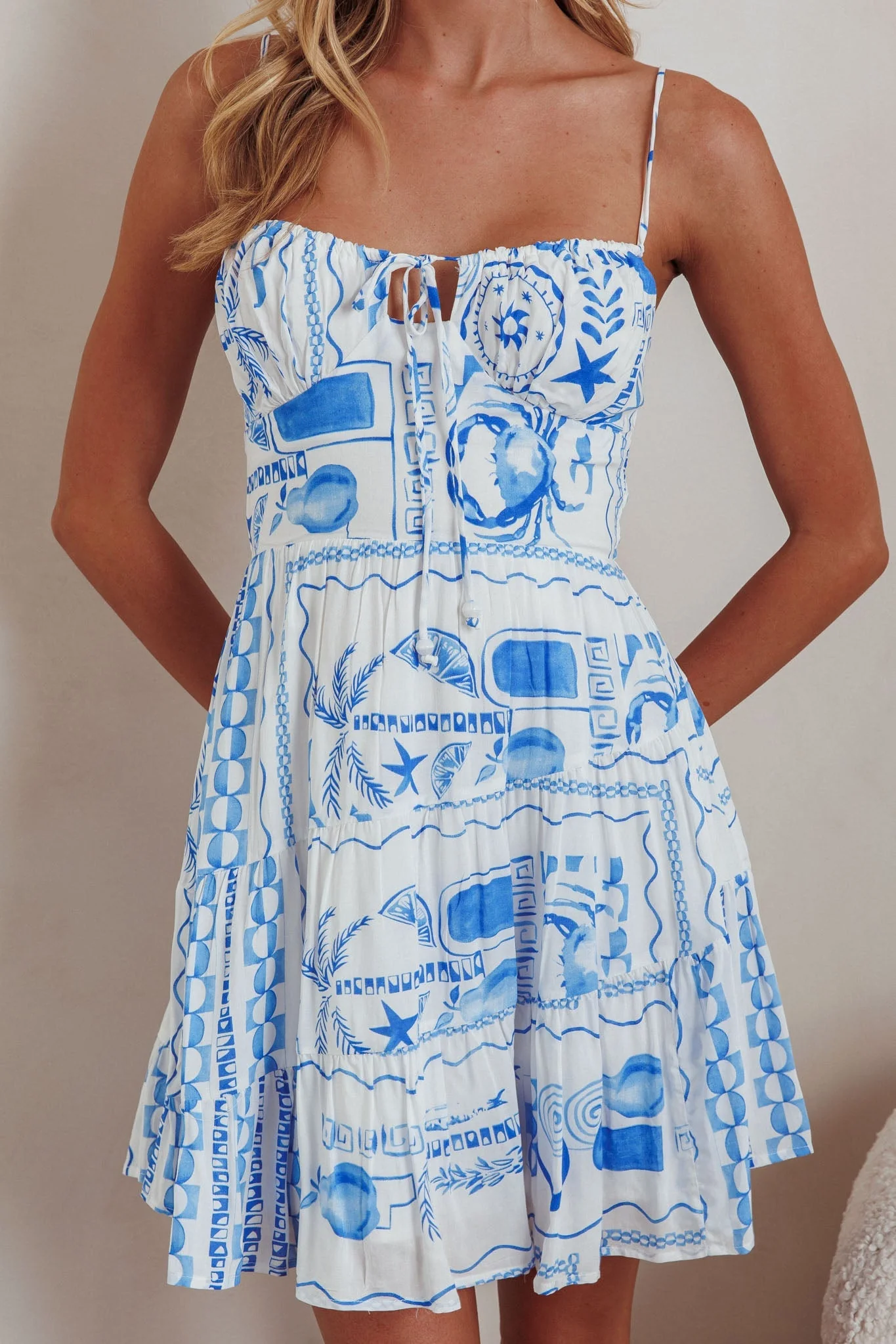 Doe Tied Bust Mini Dress Print Blue