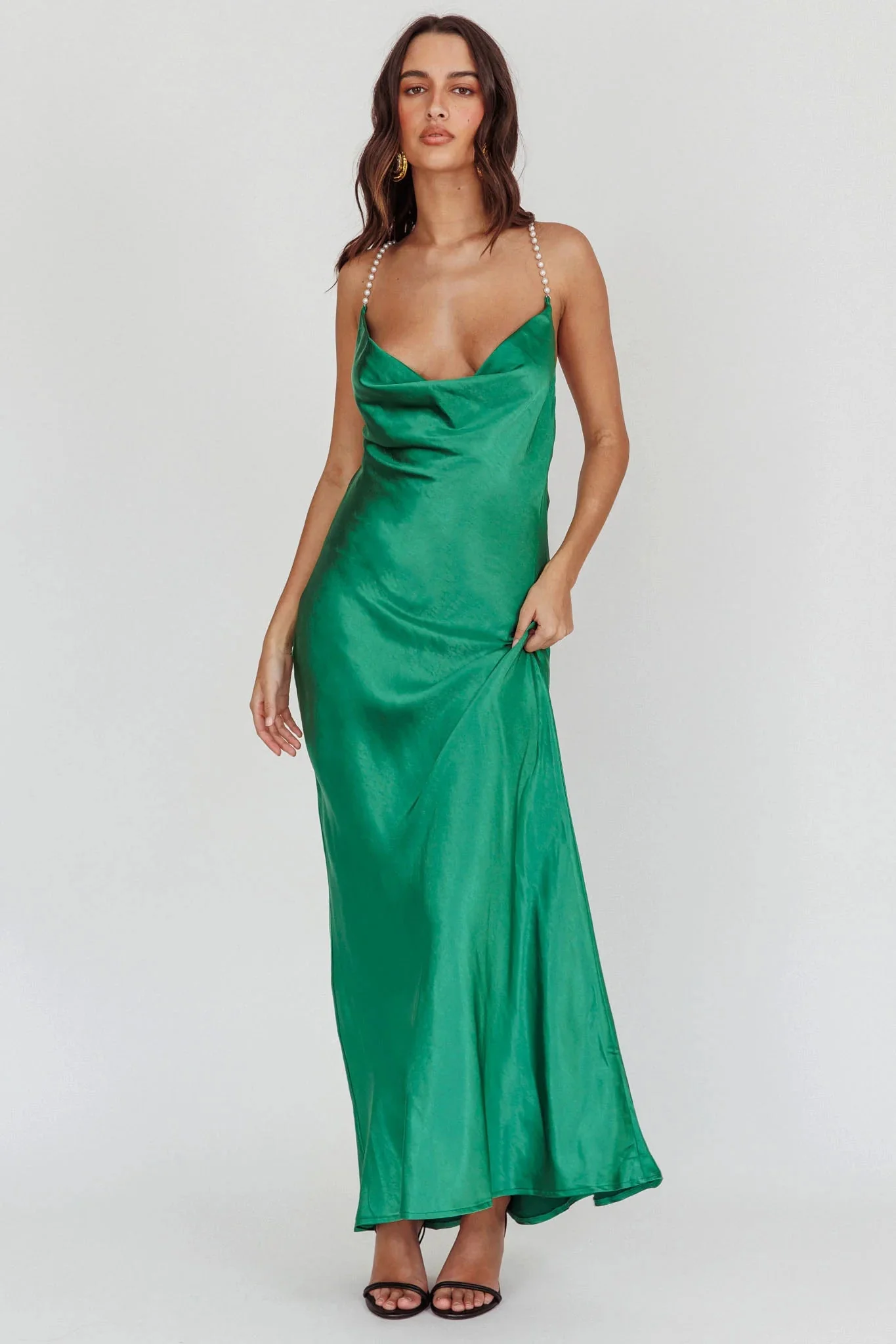 Danijela Cowl Neck Pearl Satin Maxi Dress Emerald