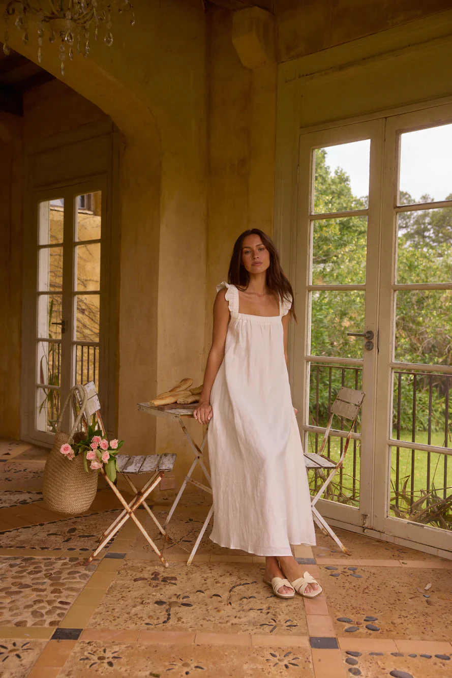 Lily 100% Linen Maxi Dress White