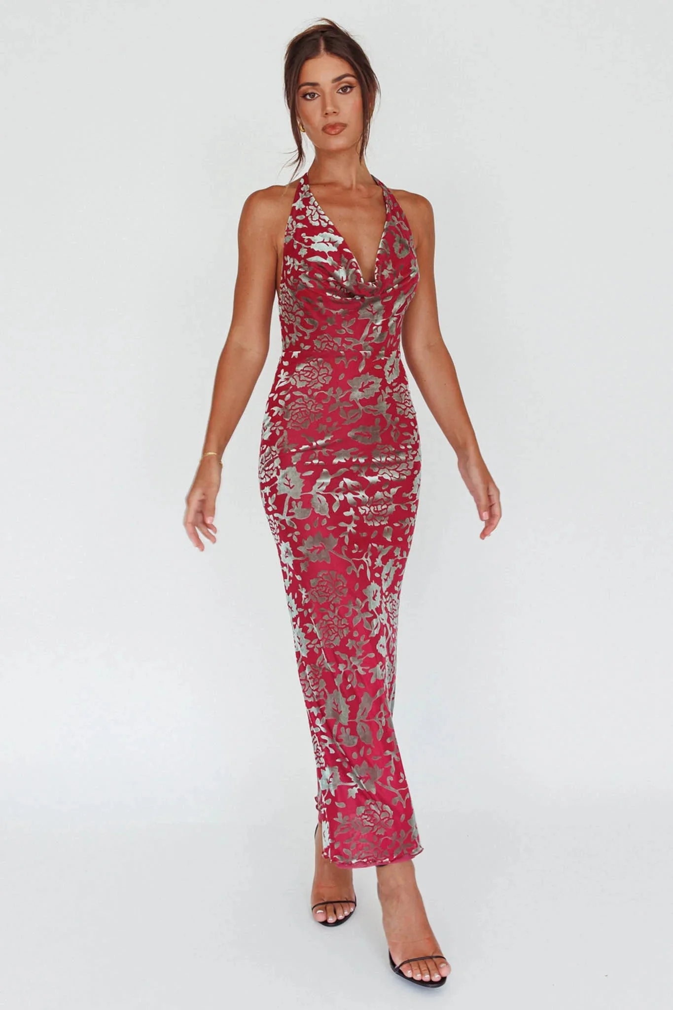 Byzantine Cowl Halterneck Midi Dress Floral Wine