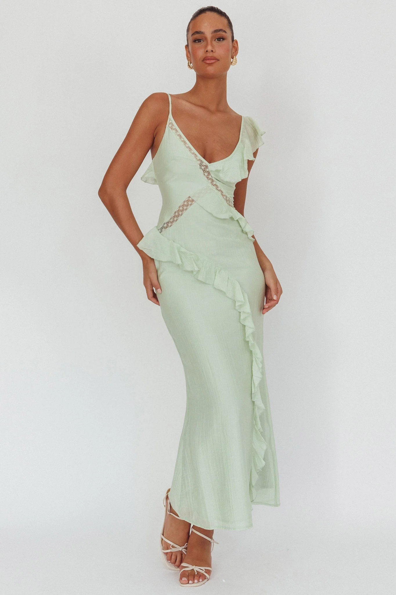 La Estrella Ruffle And Lace Trim Maxi Dress Sage