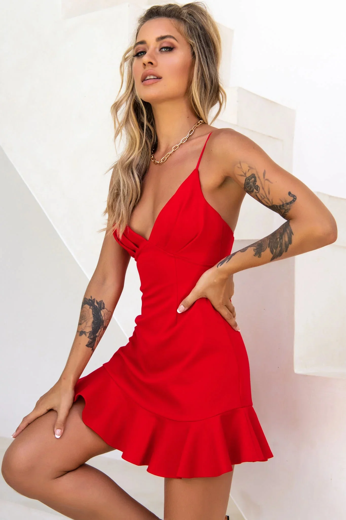 Chicago Pleated Bust Cami Strap Dress Red