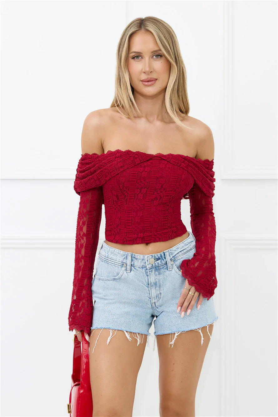 Lace Delight Off Shoulder Top Burgundy