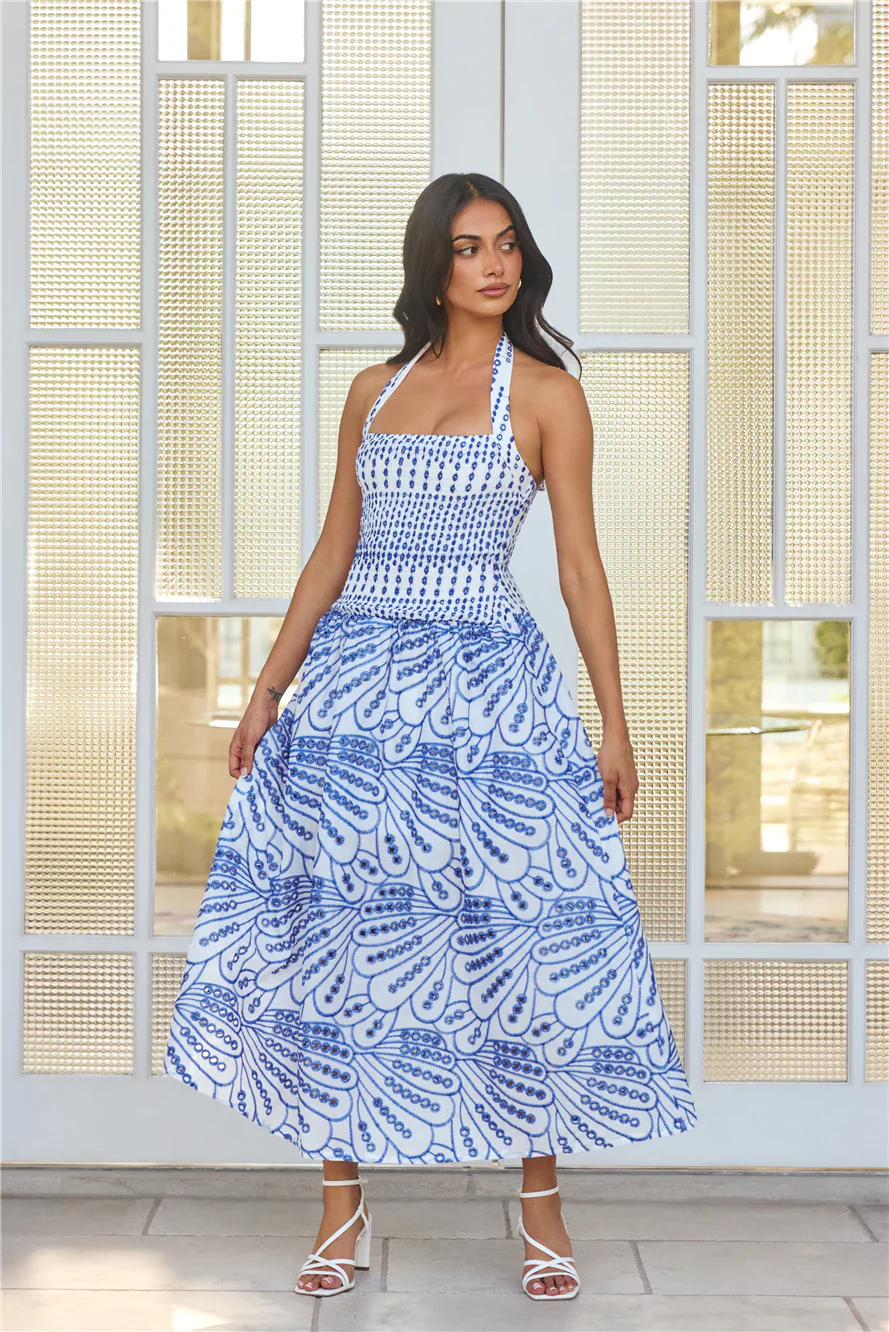 Leona Halter Embroidered Maxi Dress Blue
