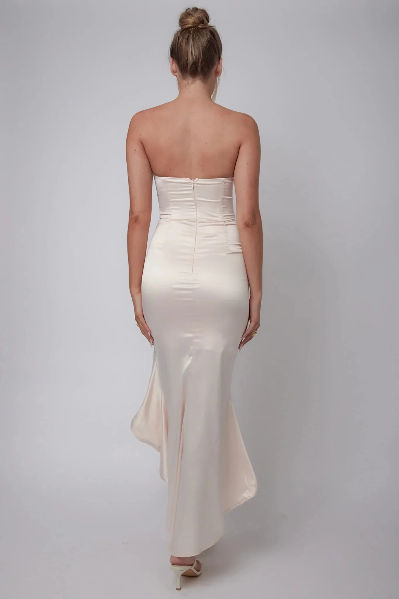 Diony Strapless Ruffle Hem Midi Dress Oyster