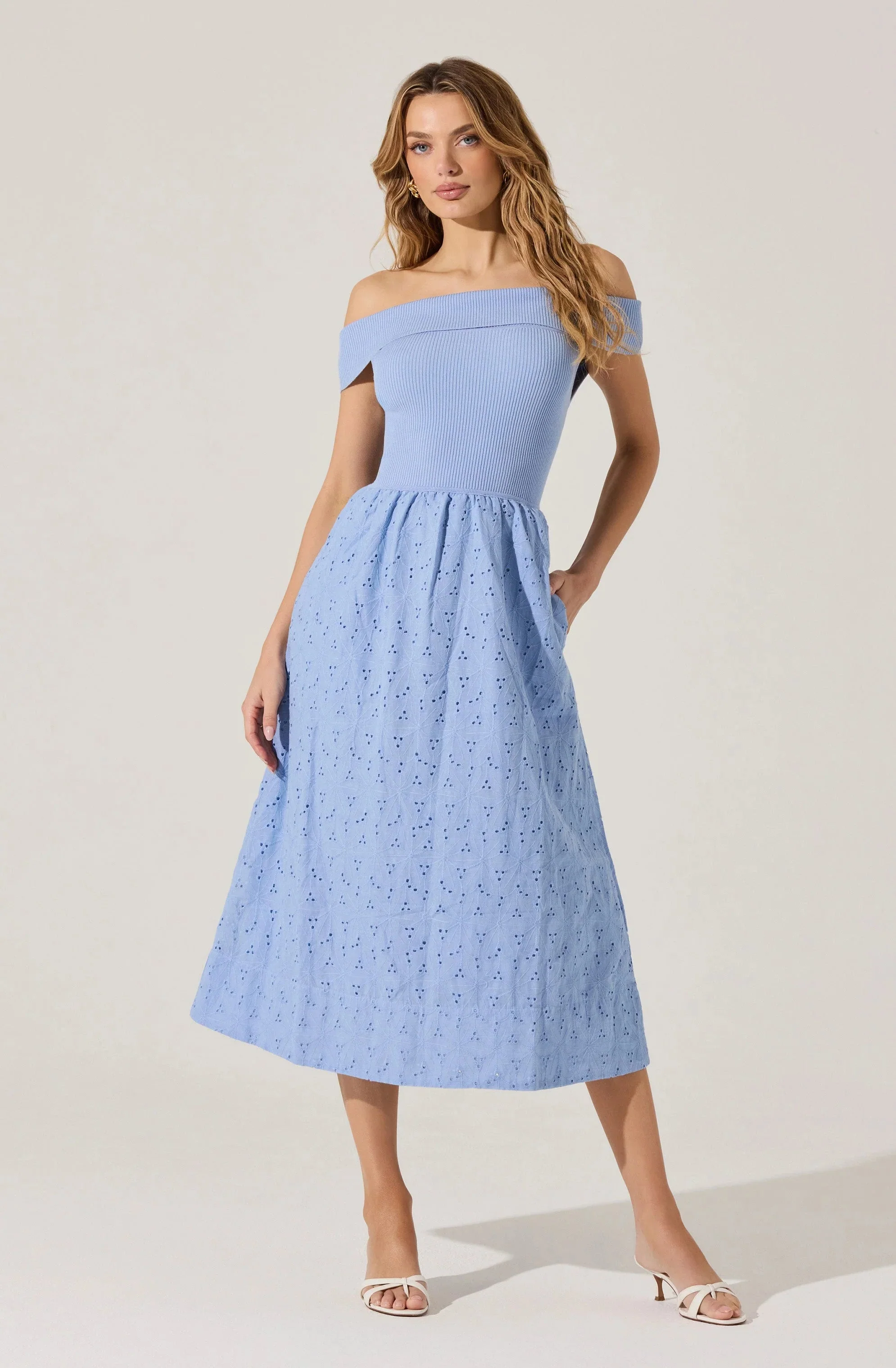 Off Shoulder Eyelet Midi Dress