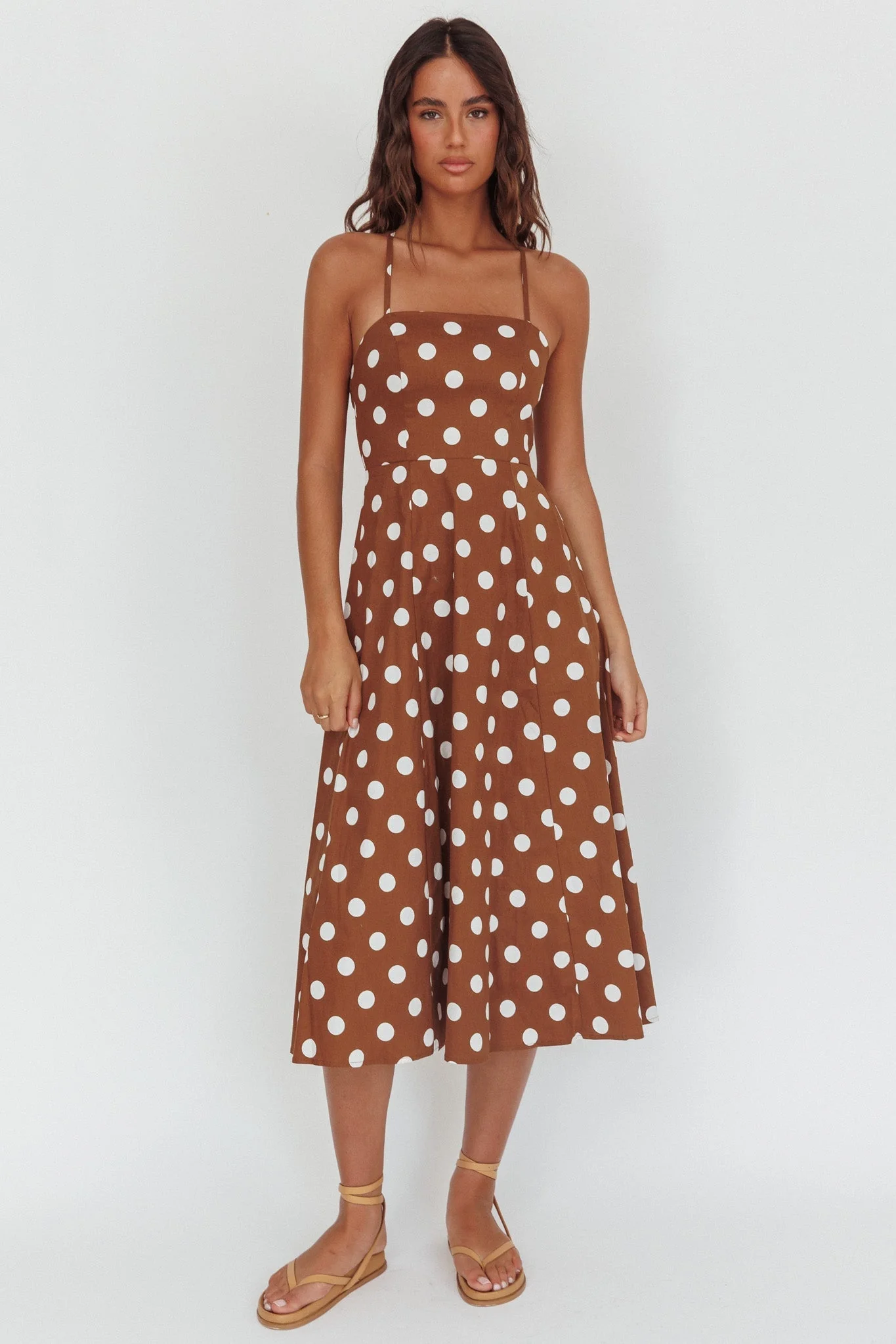 Second Glance Olga Criss-Cross Back Midi Dress Polka Dot Brown
