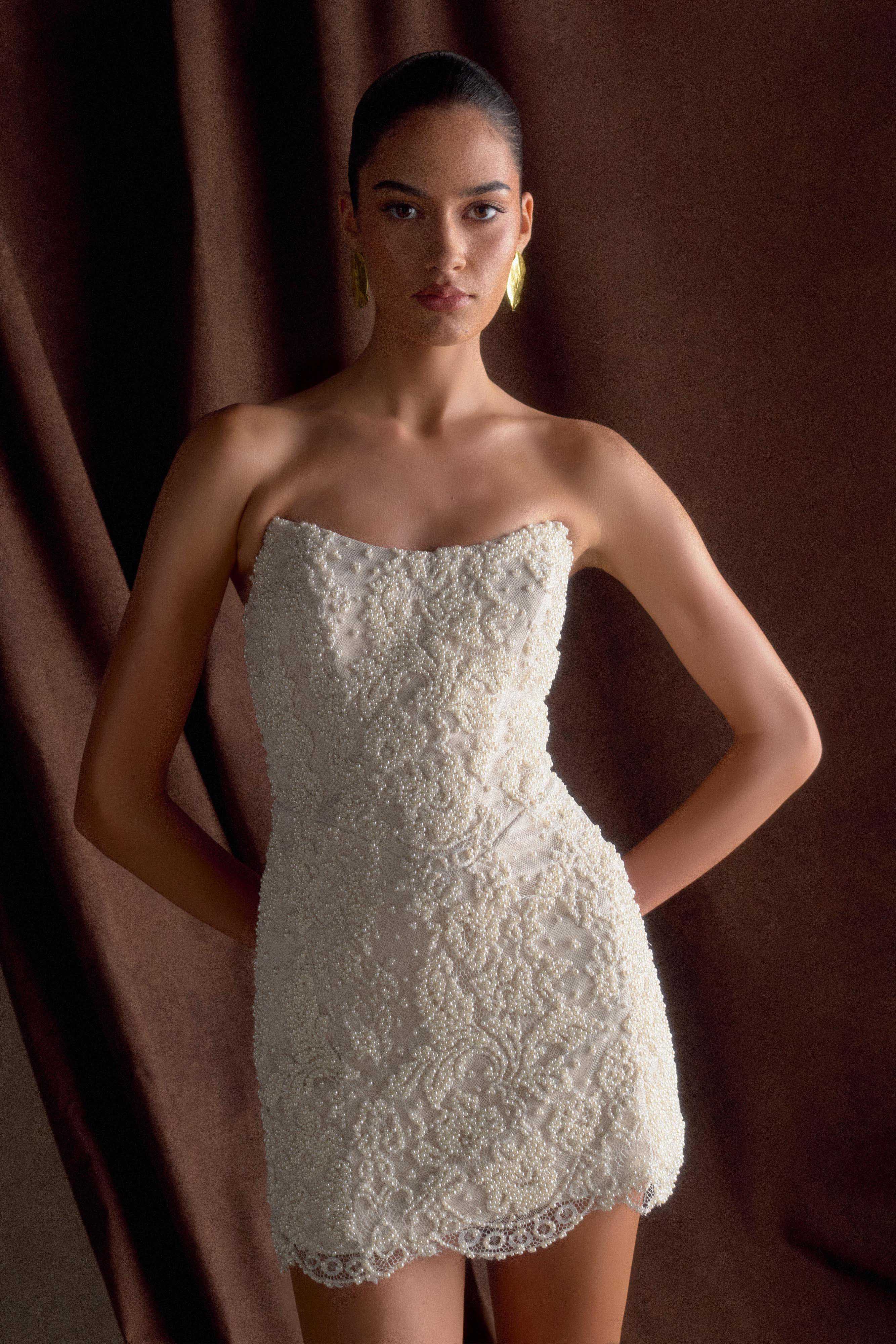 Eva Hand Beaded Pearl & Lace Mini Dress - White