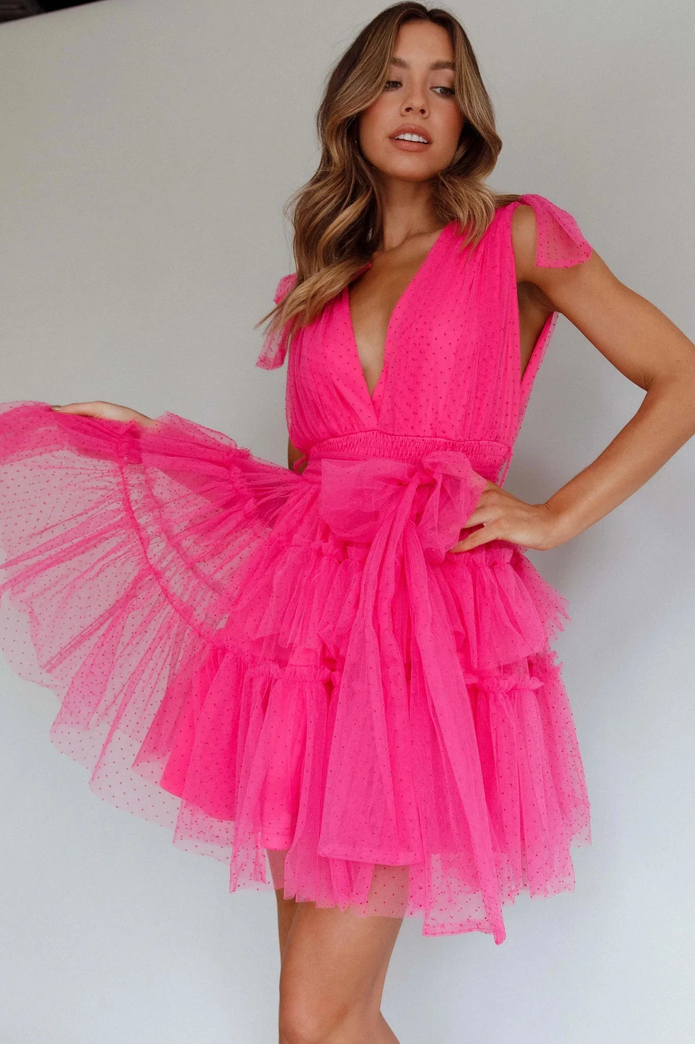 Lyra Spotted Tulle Mini Dress Hot Pink