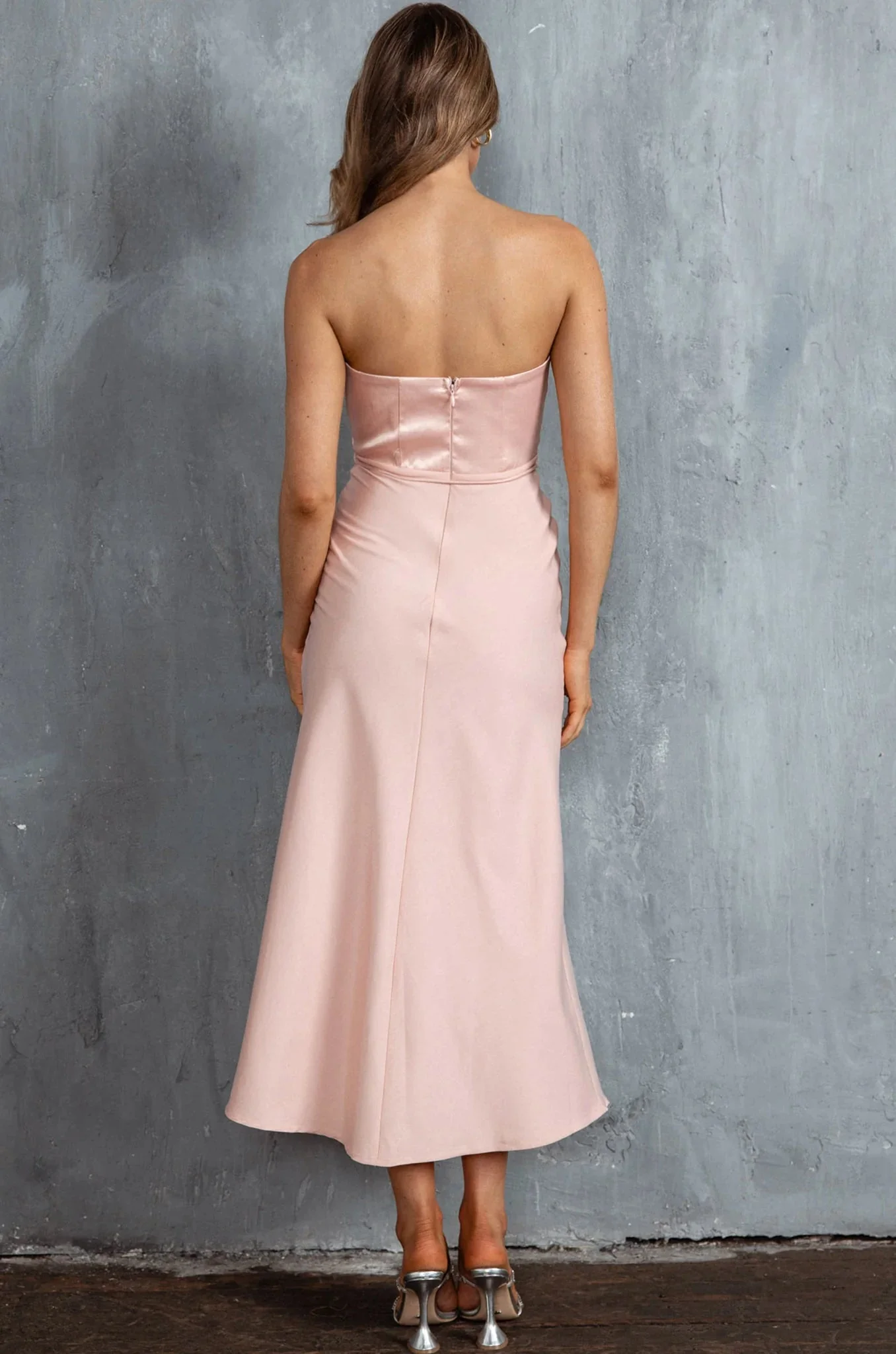 Brittini Satin Bust Strapless Midi Dress Blush