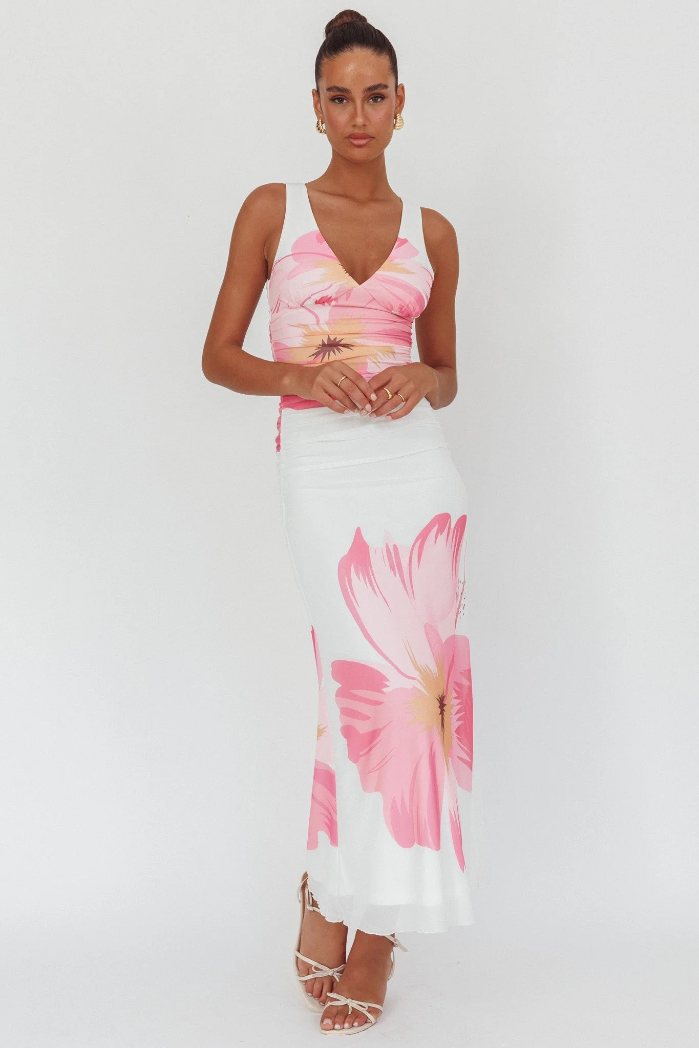 Oliana V-Neck Mesh Maxi Dress Hibiscus White/Pink