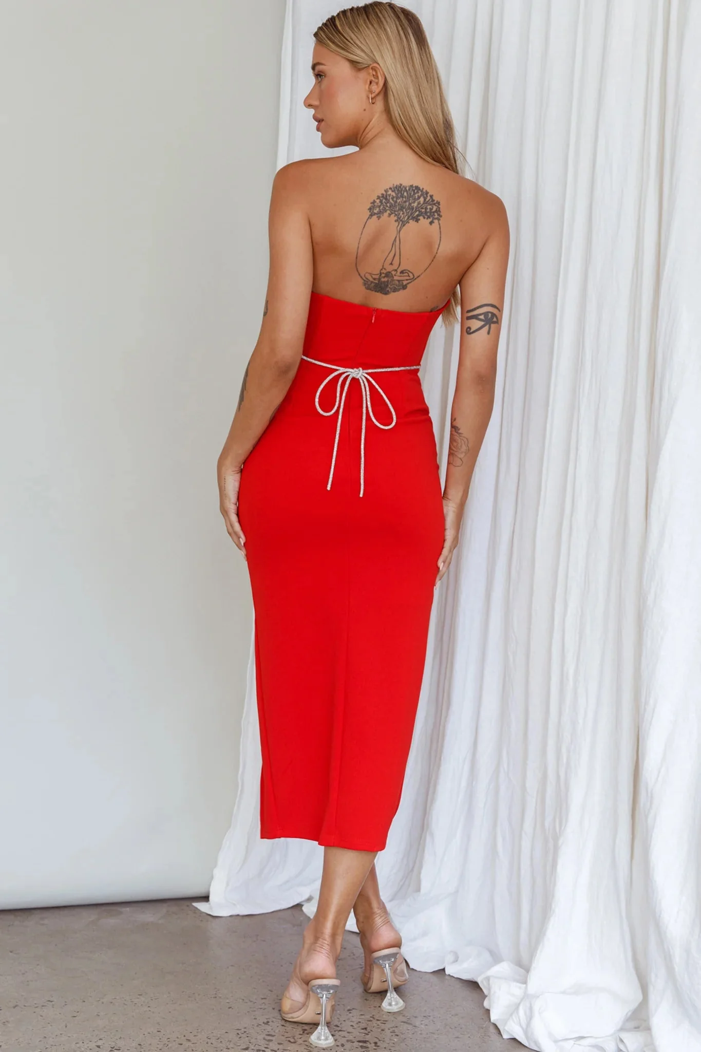 Nohemi Strapless Diamante Midi Dress Red