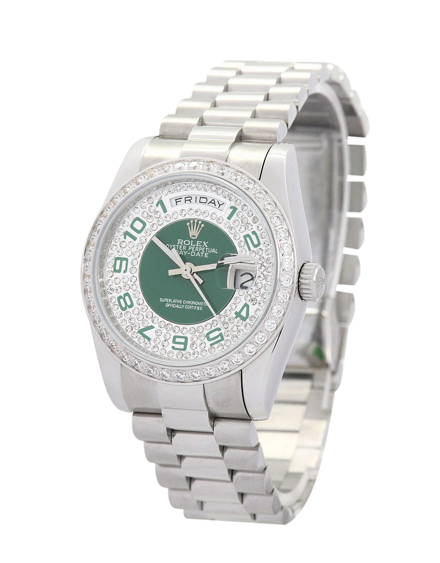 Rolex Day-Date 36mm Green and Silver with Diamonds Dial 118346 - Bestter Watches