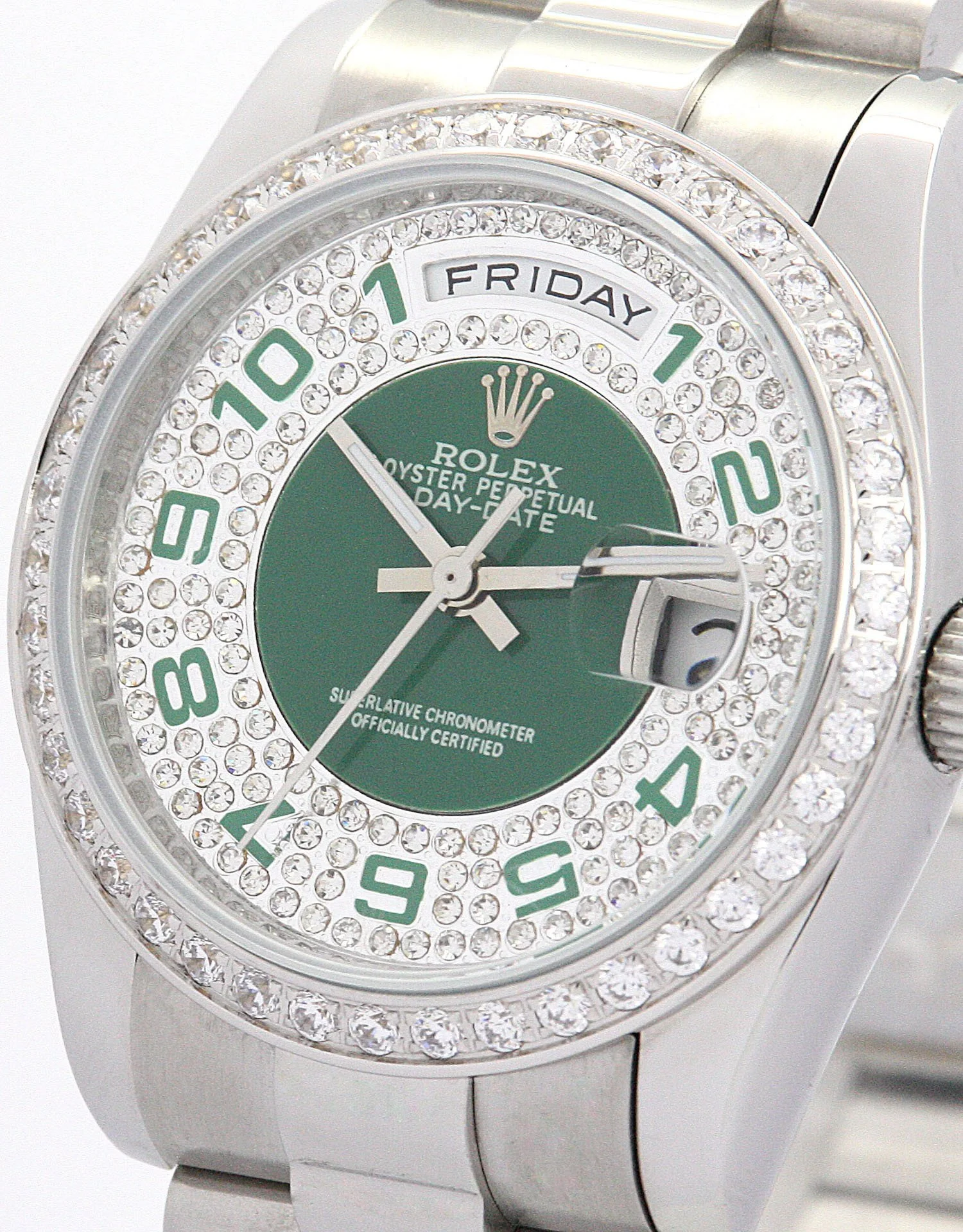 Rolex Day-Date 36mm Green and Silver with Diamonds Dial 118346 - Bestter Watches