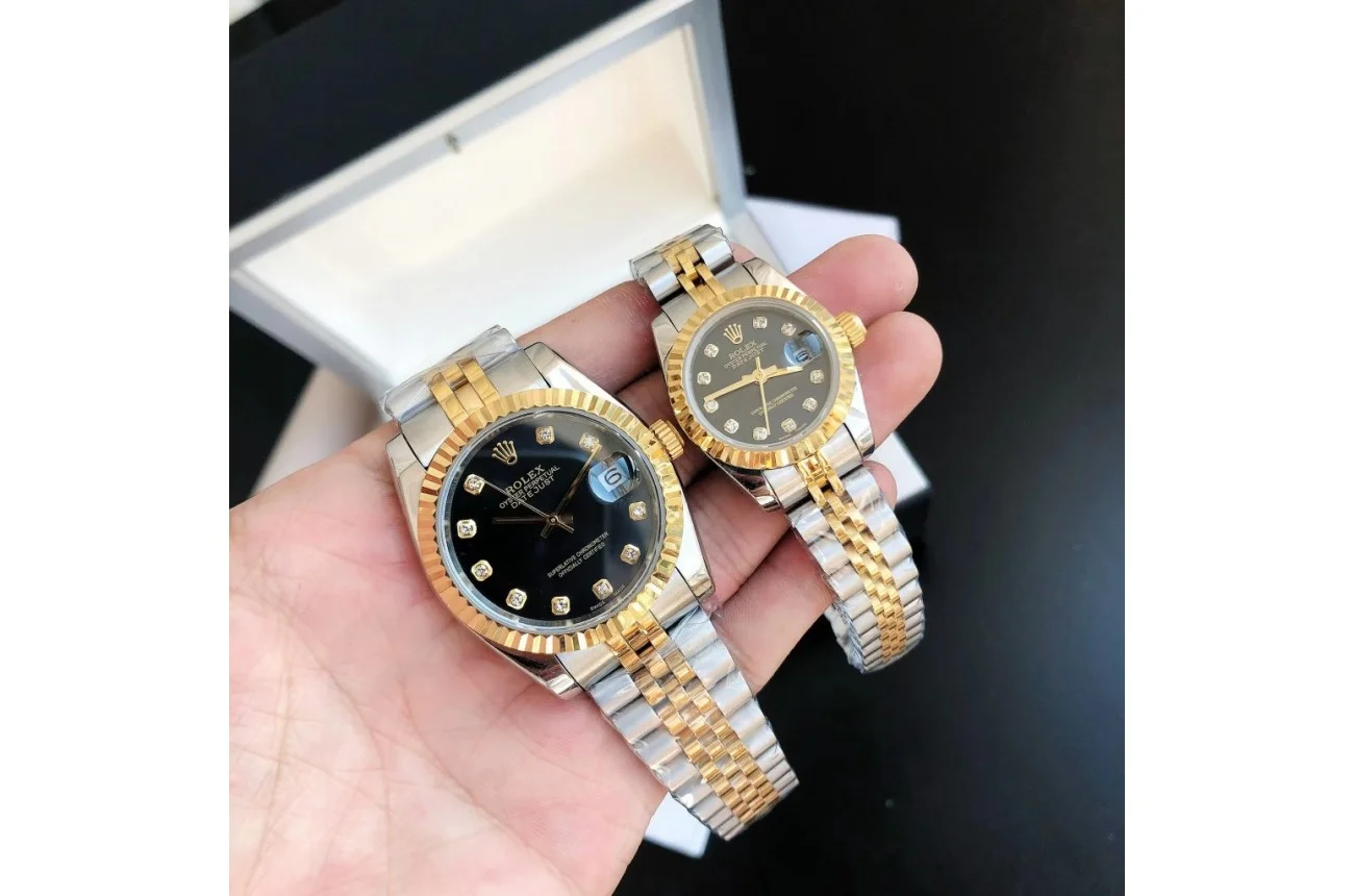 Couple Watches Rolex Datejust 36/28mm RG/SS Jub Black/Dia - Bestter Watches