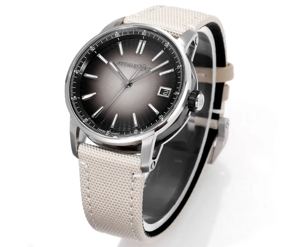 watch Audemars Piguet CODE 11.59 Stainless Steel Watch with Smoked Dial and Beige Fabric Strap, 41mm - Bestter Watches