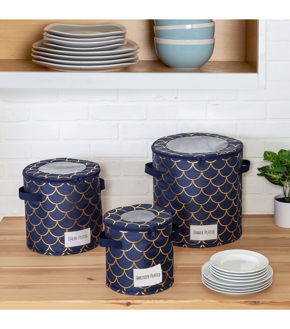 Honey Can Do 12 Navy & Gold Round Dinnerware Storage Cases 3ct
