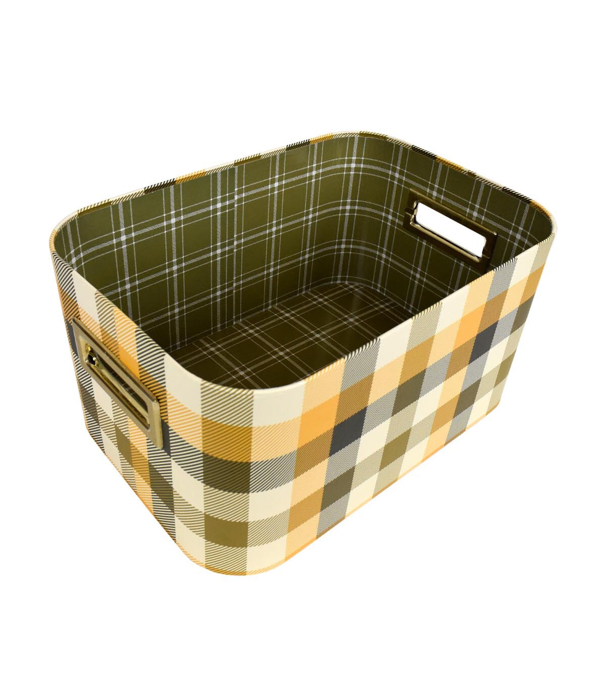 13 Yellow Buffalo Checks Oval Lidded Box With Cutout Handles