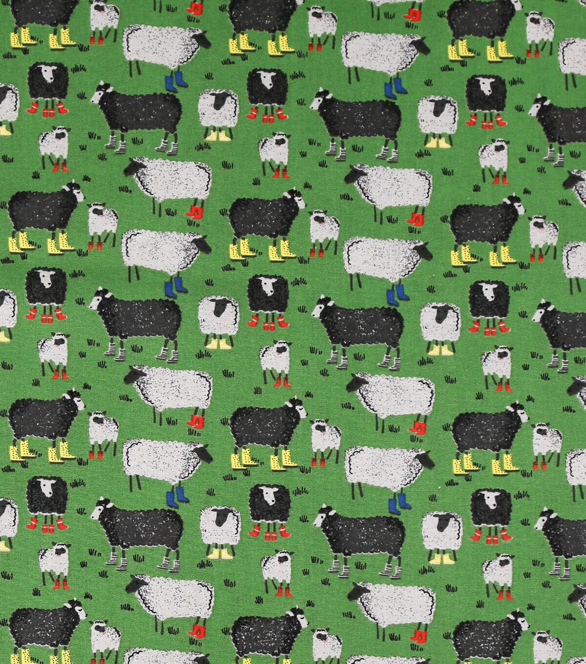Sheep In Rainboots on Green Novelty Cotton Fabric