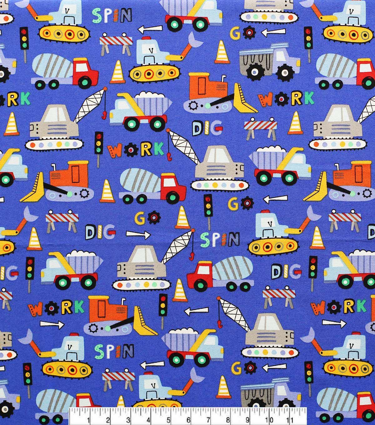 Construction Truck On Blue Novelty Cotton Fabric