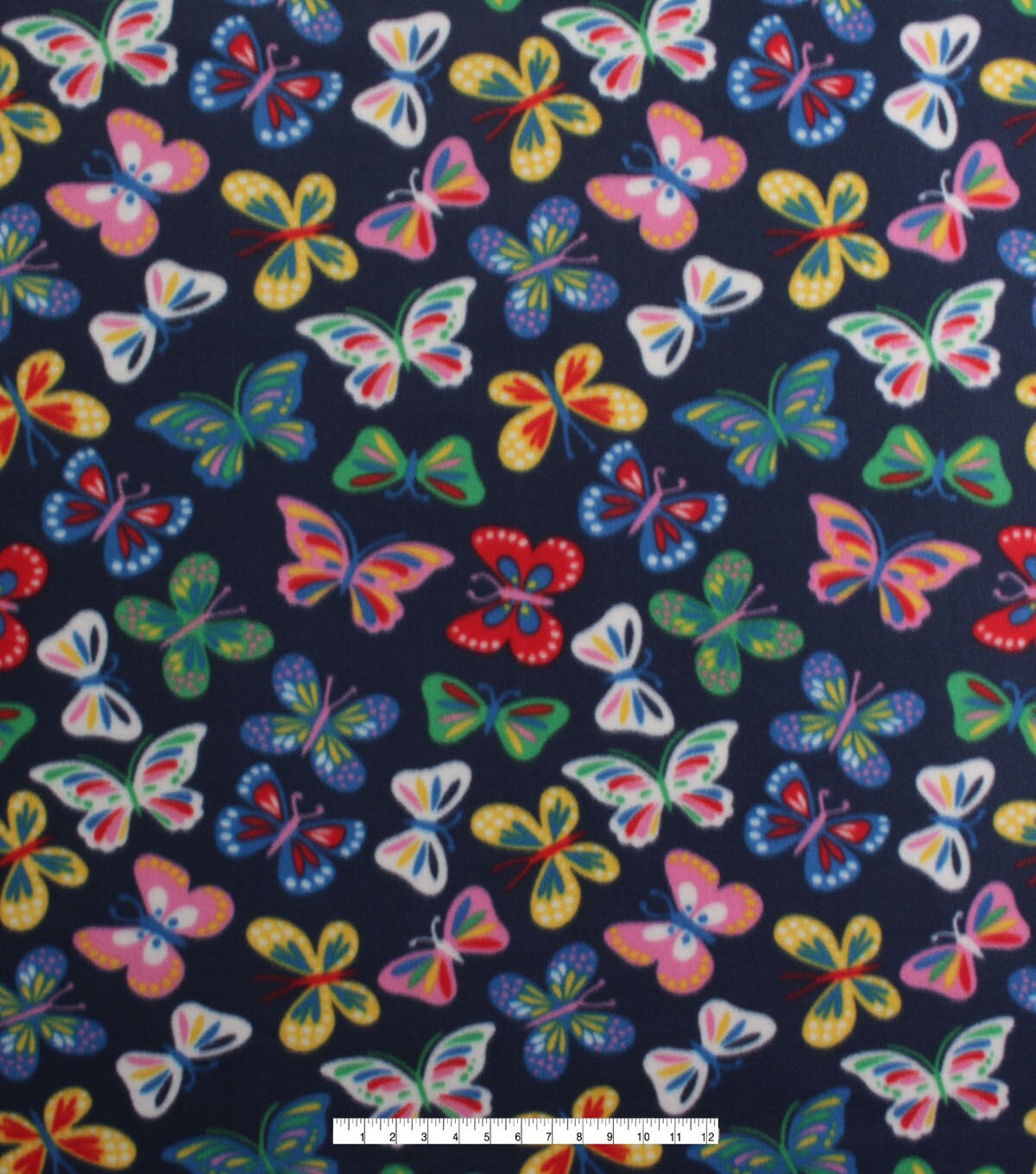 Multicolor Butterflies on Navy Blizzard Fleece Fabric