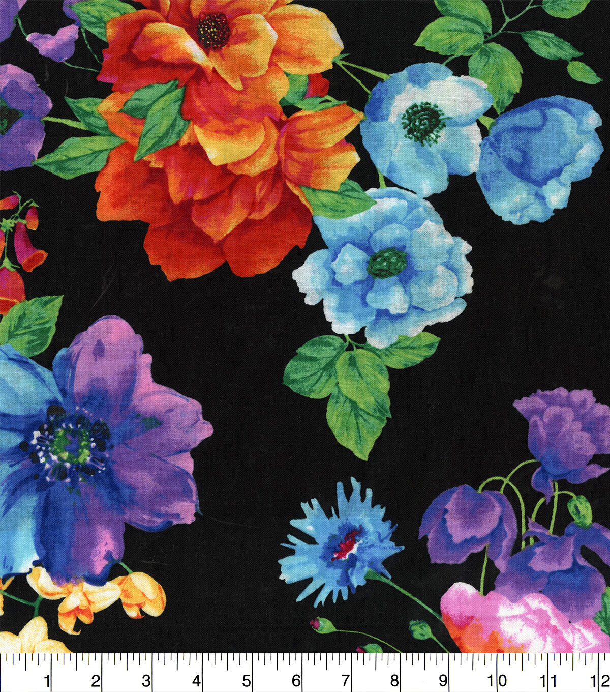 Hi Fashion Vibrant Floral On Black Large Premium Print Cotton Fabric