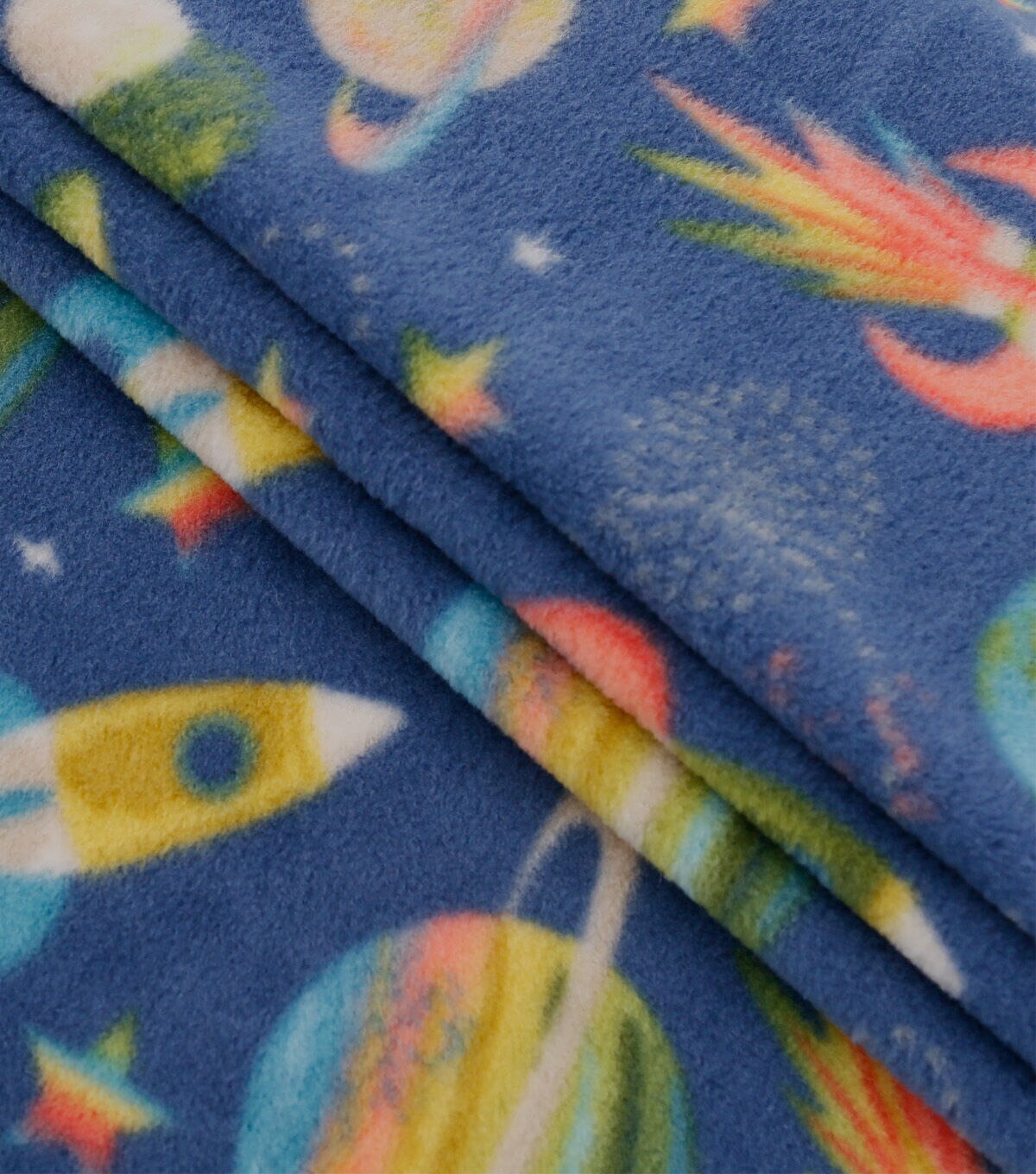 Spaceships & Planets on Blue Anti Pill Fleece Fabric